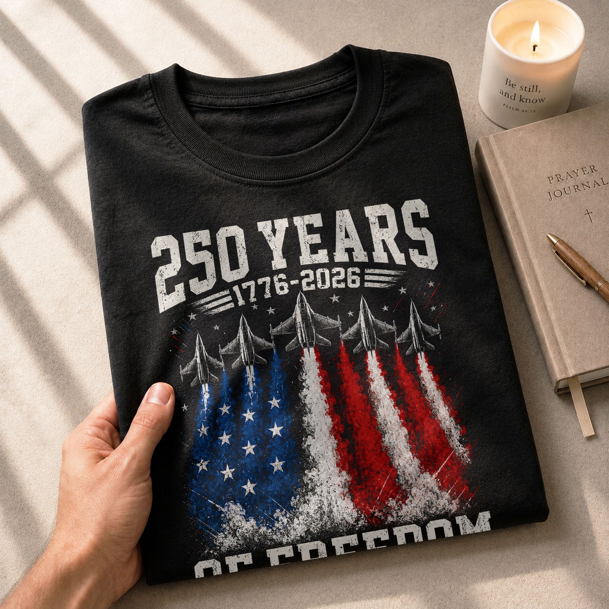 Commemorative 250 Years Freedom Tee - Vintage Fighter Jet Patriotic Cotton Shirt - Rust Field Wear