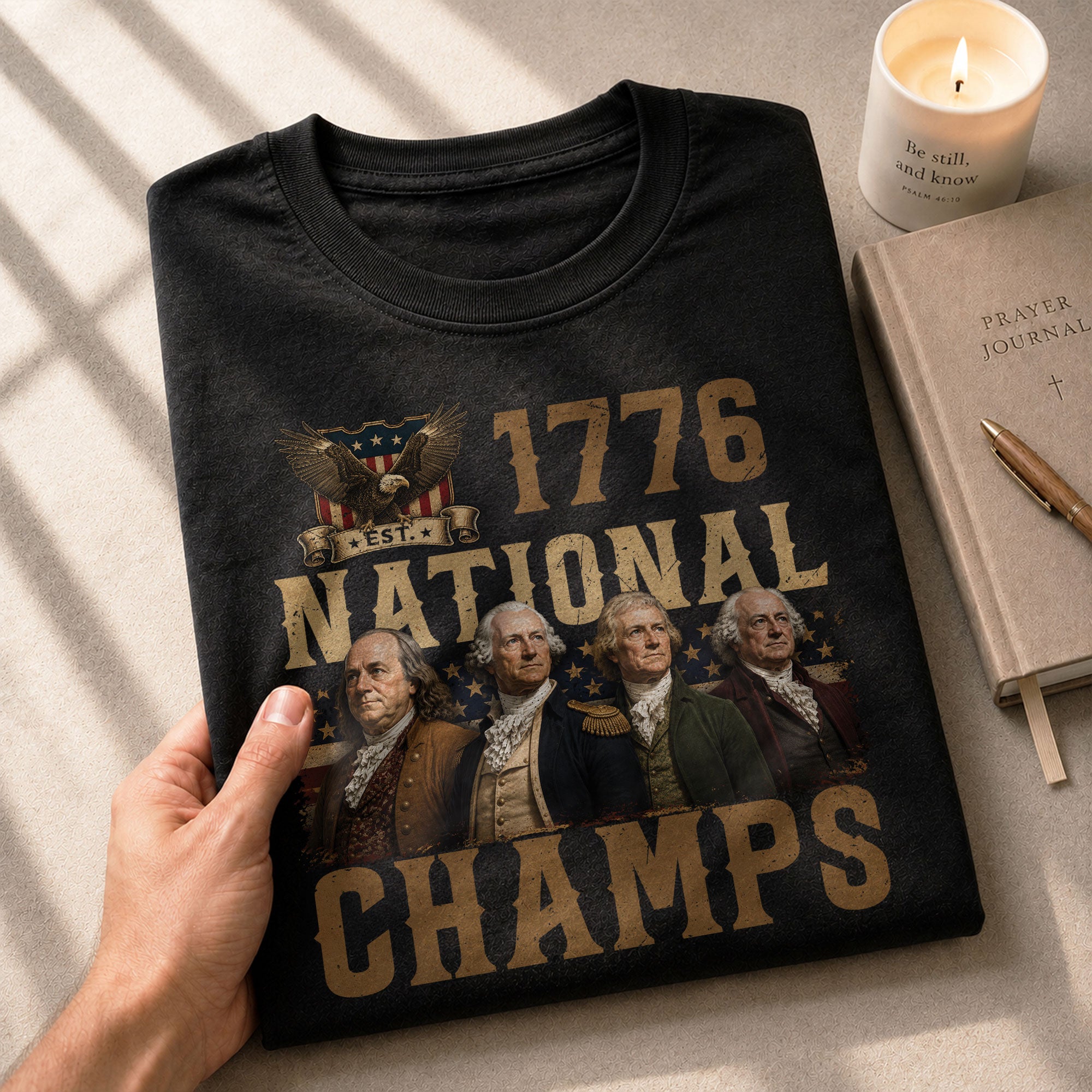 1776 National Champs Patriotic Graphic Tee Founding Fathers Vintage Style Short Sleeve T-Shirt - Rust Field Wear