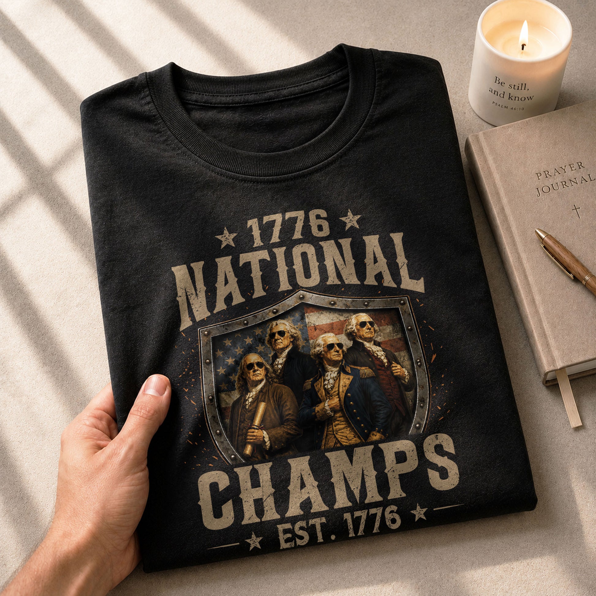 1776 National Champs Patriotic Shield Tee Founding Fathers Graphic Vintage Casual Apparel - Rust Field Wear