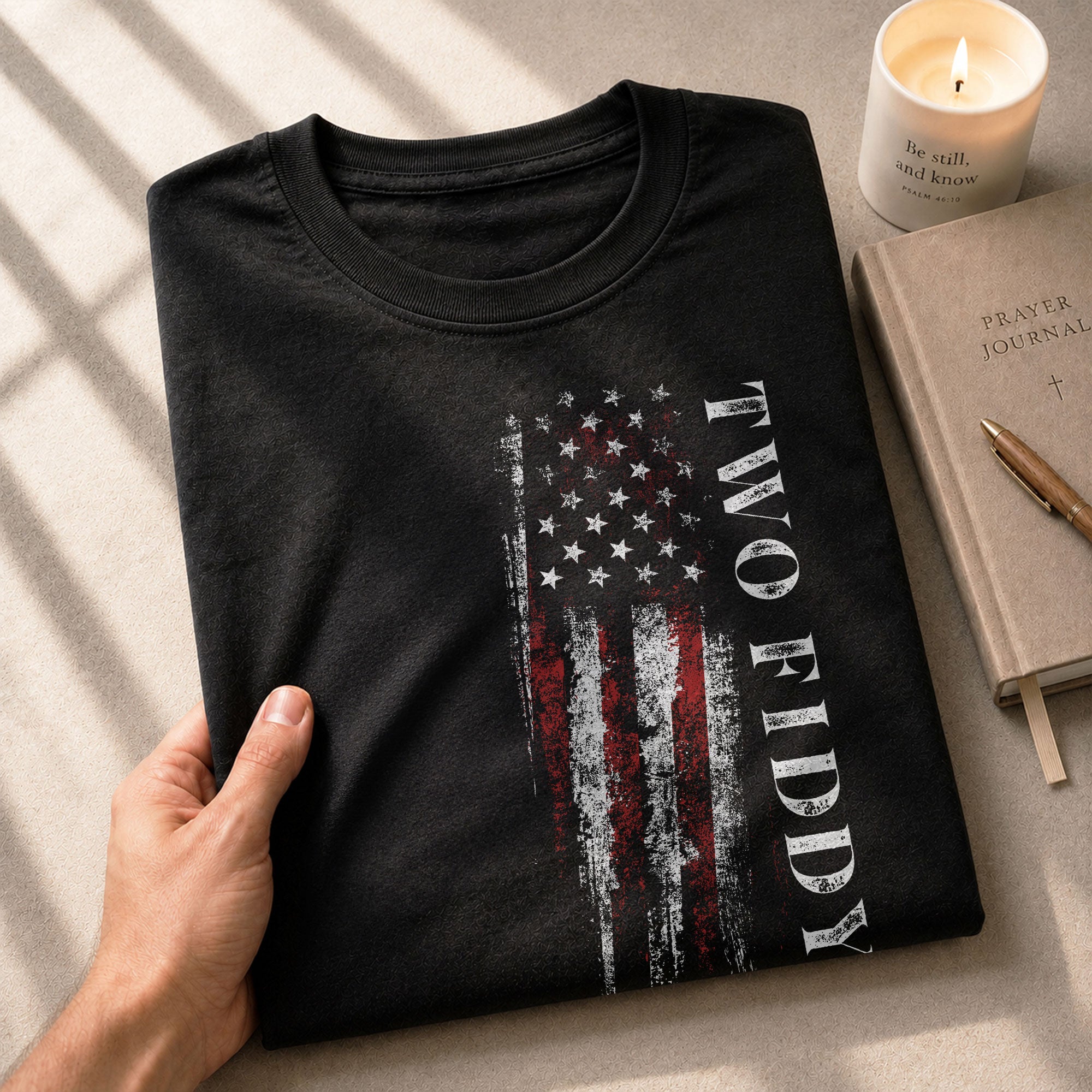 Two Fiddy Patriotic T-Shirt Distressed Vertical Flag Graphic Casual Apparel for Everyone - Rust Field Wear