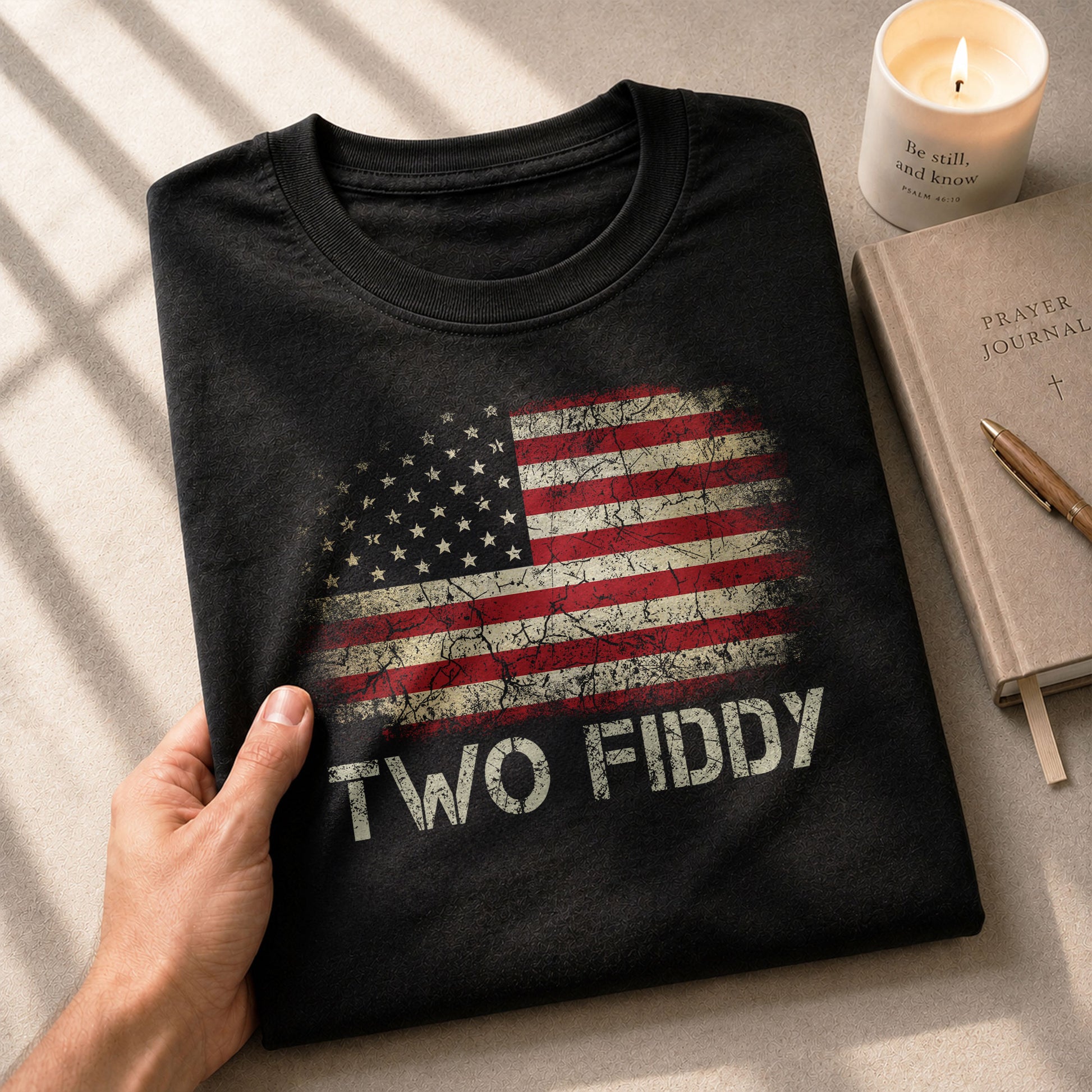Two Fiddy Graphic T-Shirt Distressed American Flag Print Casual Cotton Short Sleeve Tee - Rust Field Wear