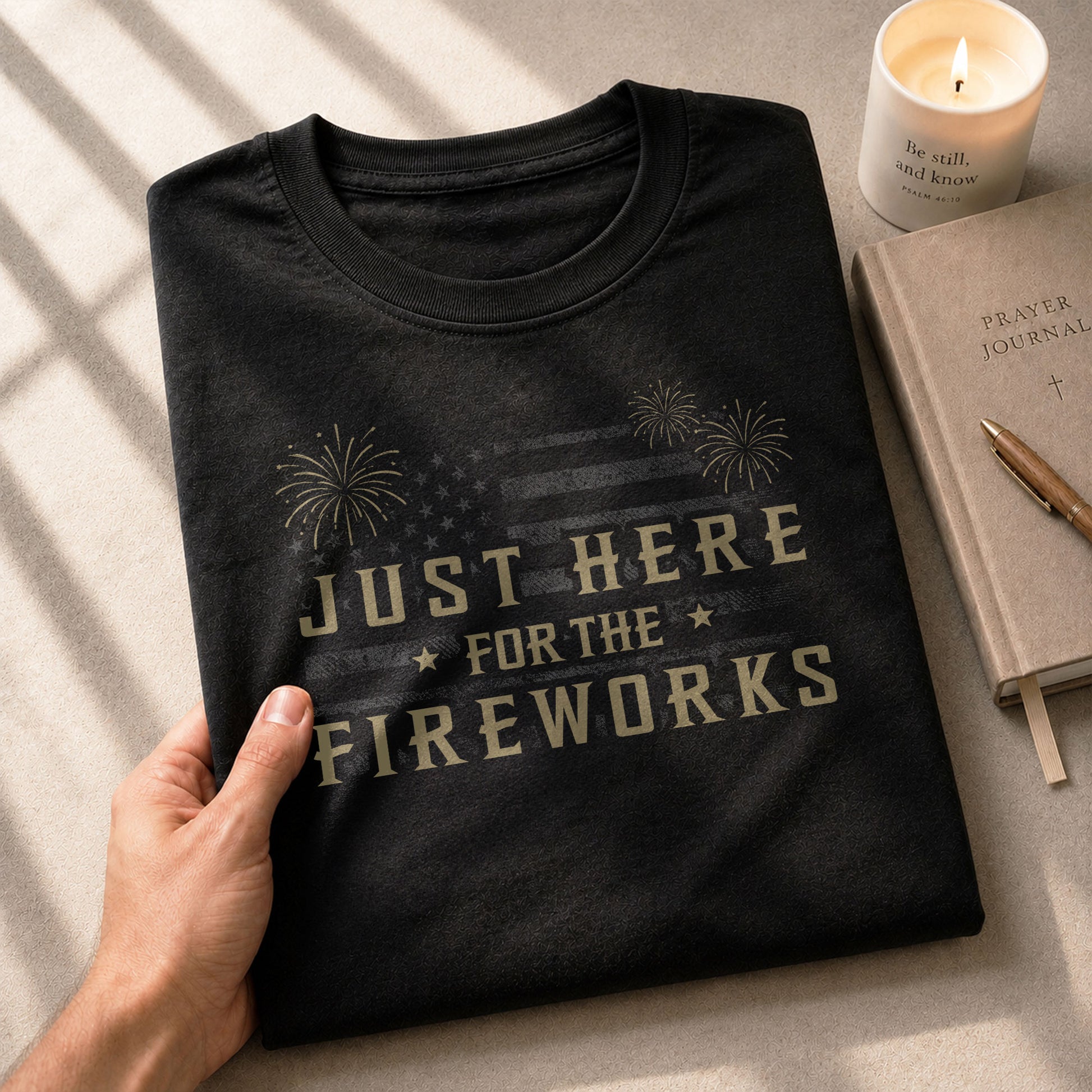 Just Here for The Fireworks Shirt Patriotic 4th of July USA American Flag Tee Men - Rust Field Wear