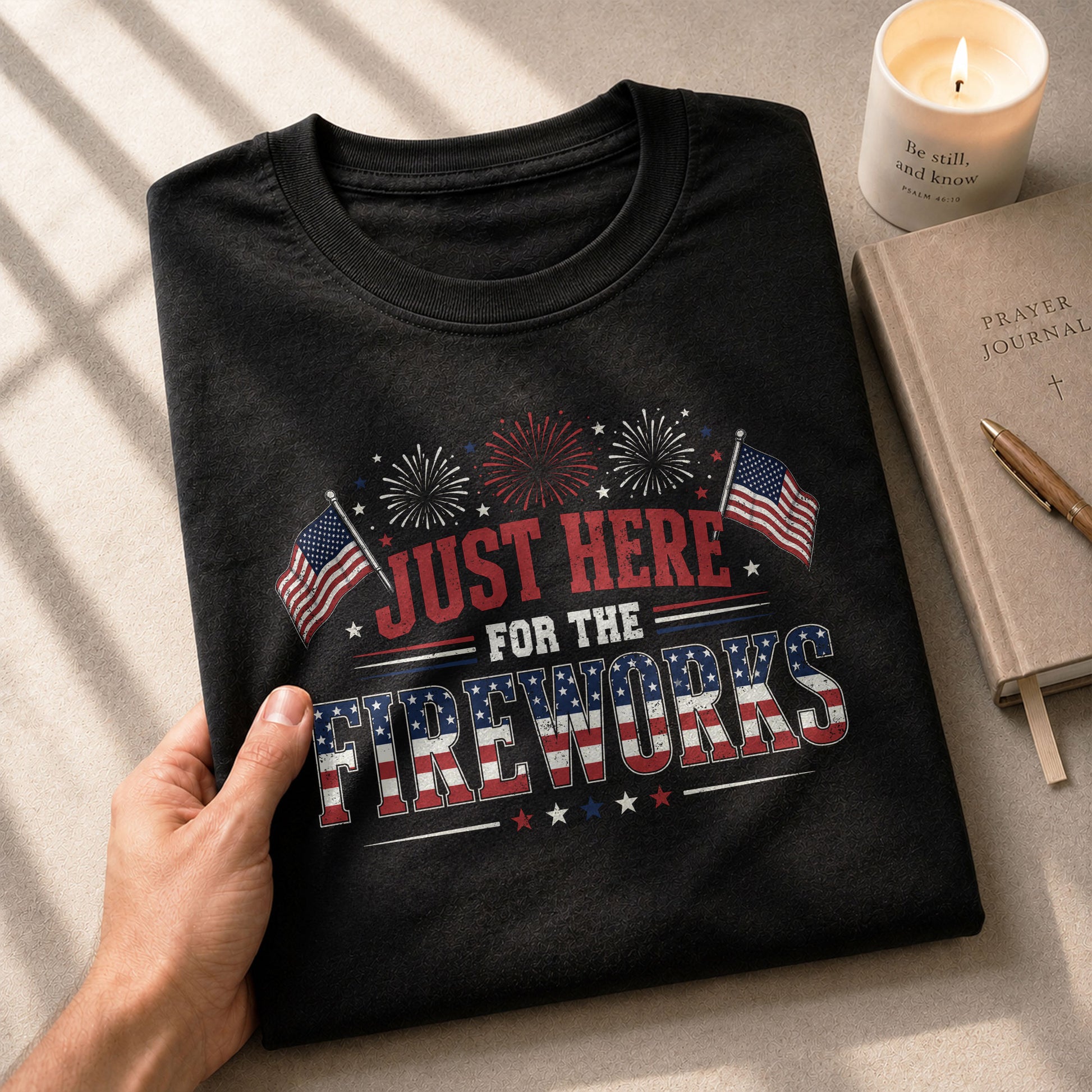 Just Here for The Fireworks Shirt 4th of July Patriotic American Flag Tee Men Women - Rust Field Wear
