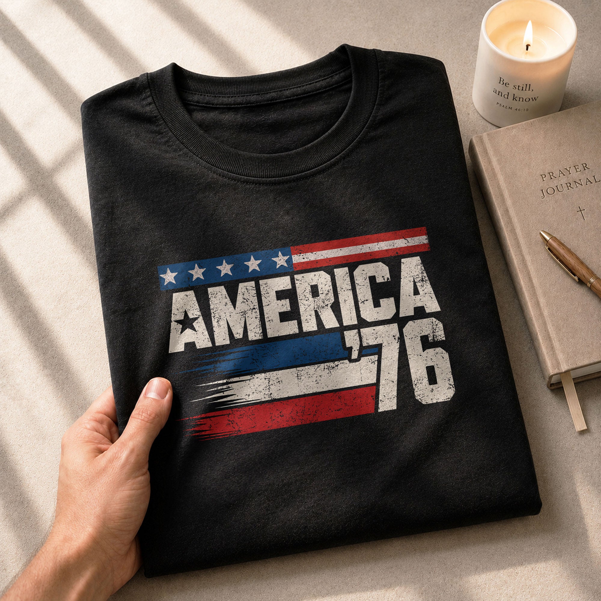 America '76 Graphic Tee Vintage Flag Design Patriotic Style Casual Mens Statement Shirt - Rust Field Wear