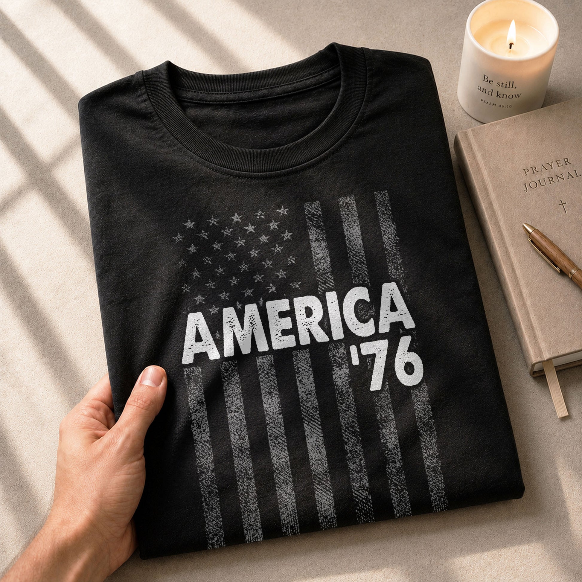 America '76 Graphic T Shirt Distressed Flag Design Patriotic Casual Mens Apparel Shirt - Rust Field Wear