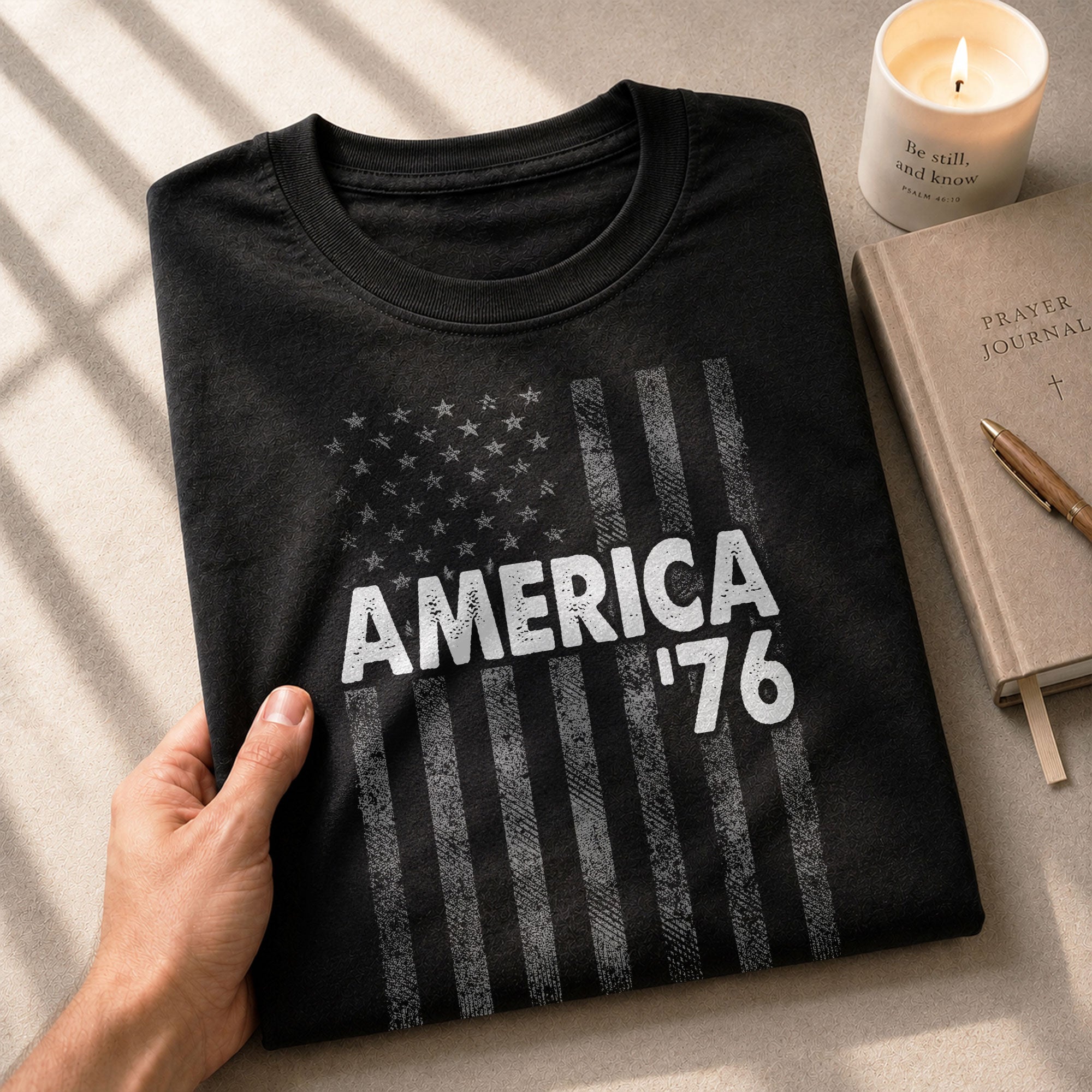 America '76 Graphic T Shirt Distressed Flag Design Patriotic Casual Mens Apparel Shirt - Rust Field Wear