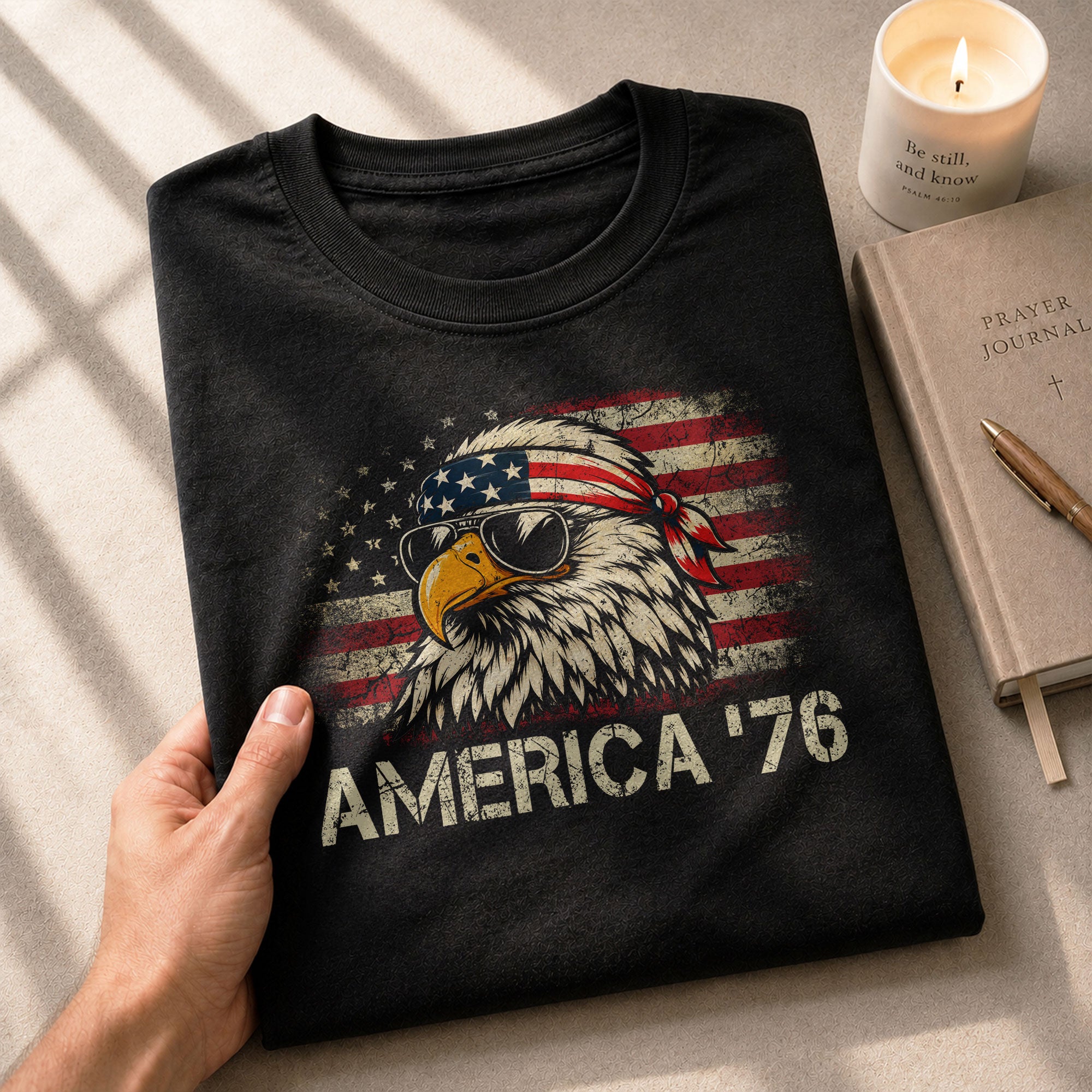 America '76 Eagle Tee Vintage Patriotic Flag Design Casual Mens Statement Shirt Top - Rust Field Wear
