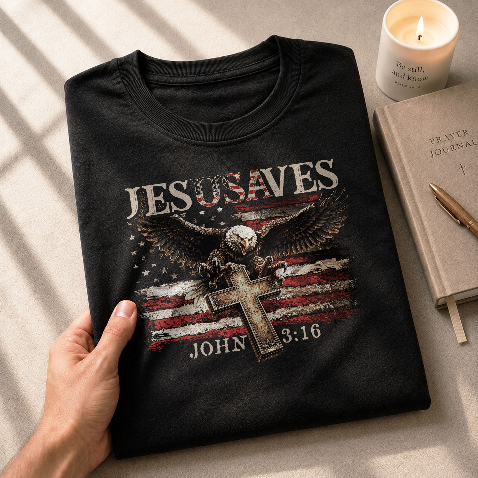 JESUSAVES T-Shirt Patriotic American Flag Bald Eagle Christian John 3:16 Religious Tee - Rust Field Wear