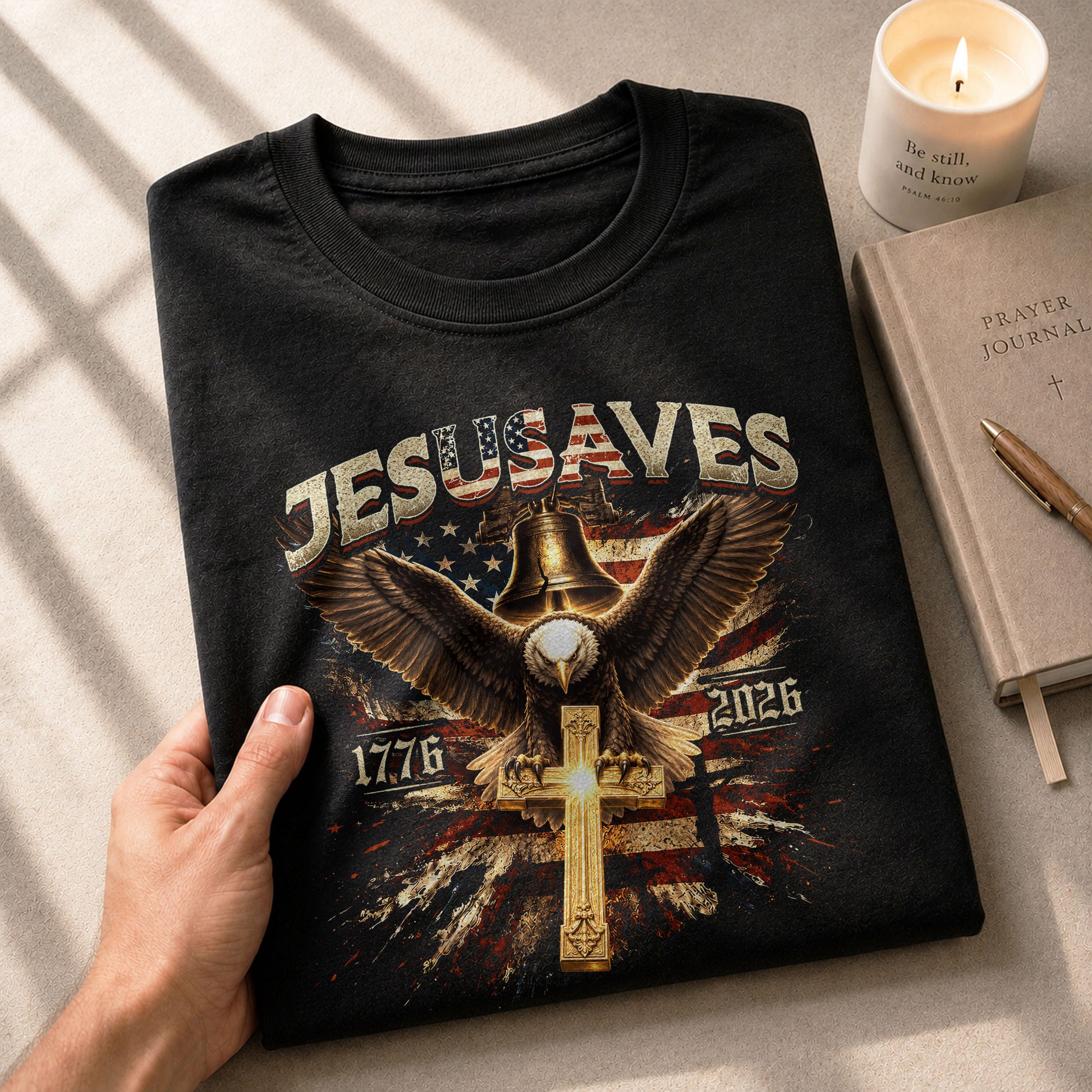 JESUSAVES T-Shirt Patriotic 1776 2026 Liberty Bell Bald Eagle Christian Cross Tee - Rust Field Wear
