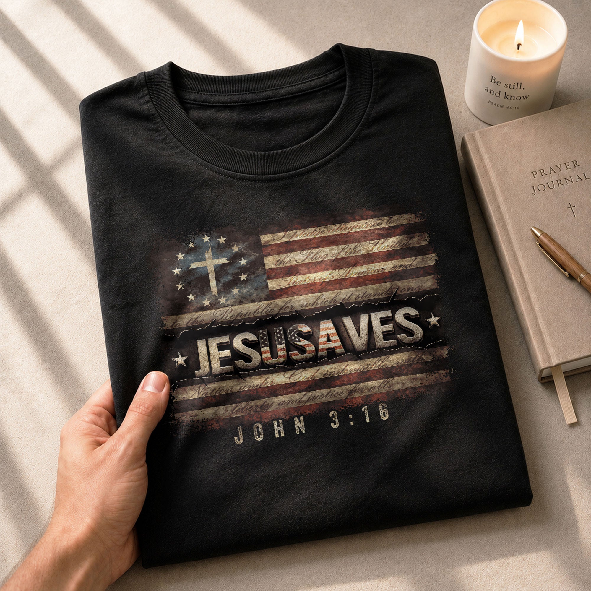 JESUSAVES T-Shirt John 3:16 Pledge of Allegiance Christian Cross Patriotic US Flag Tee - Rust Field Wear
