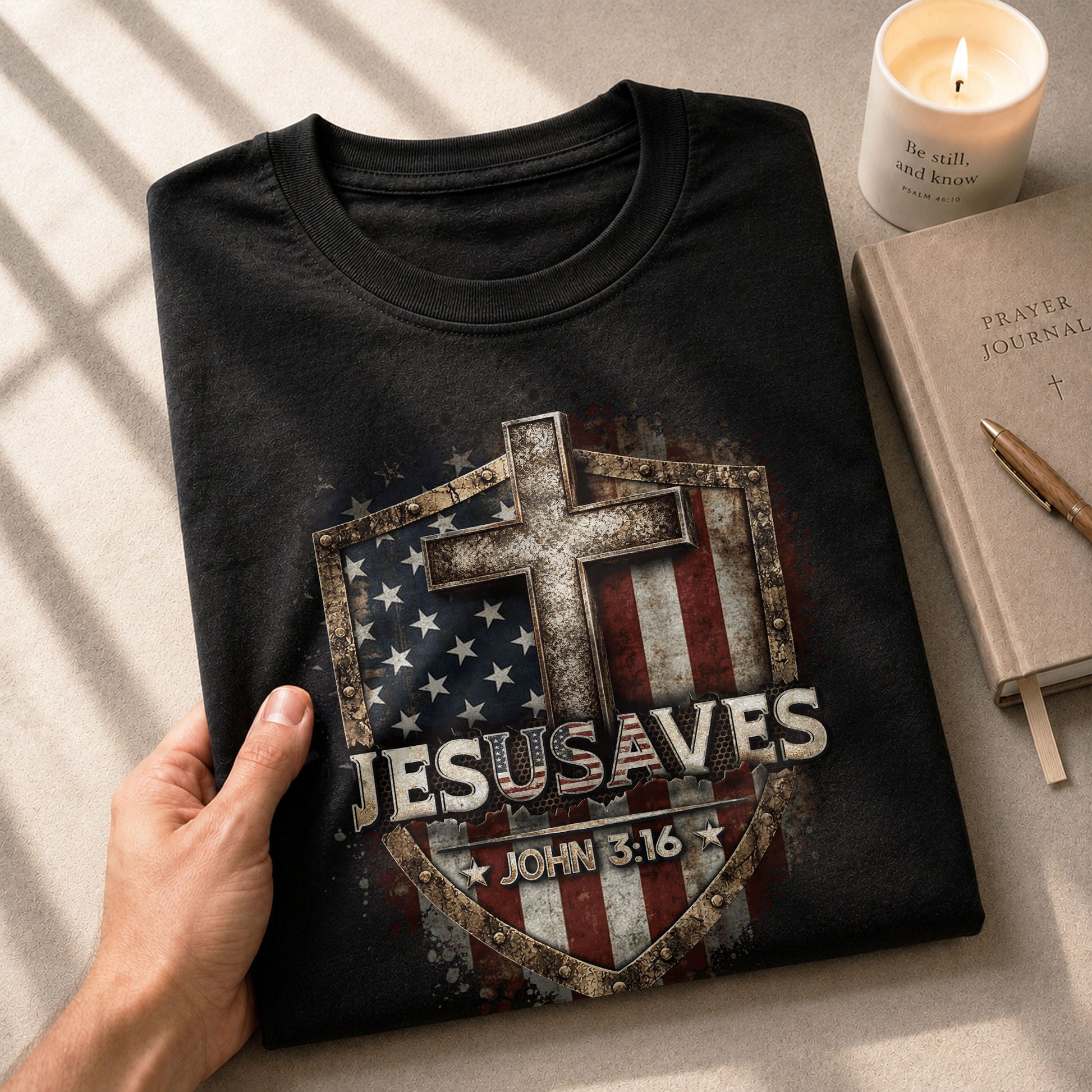 JESUSAVES T-Shirt Patriotic Shield Christian Cross American Flag John 3:16 Graphic Tee - Rust Field Wear
