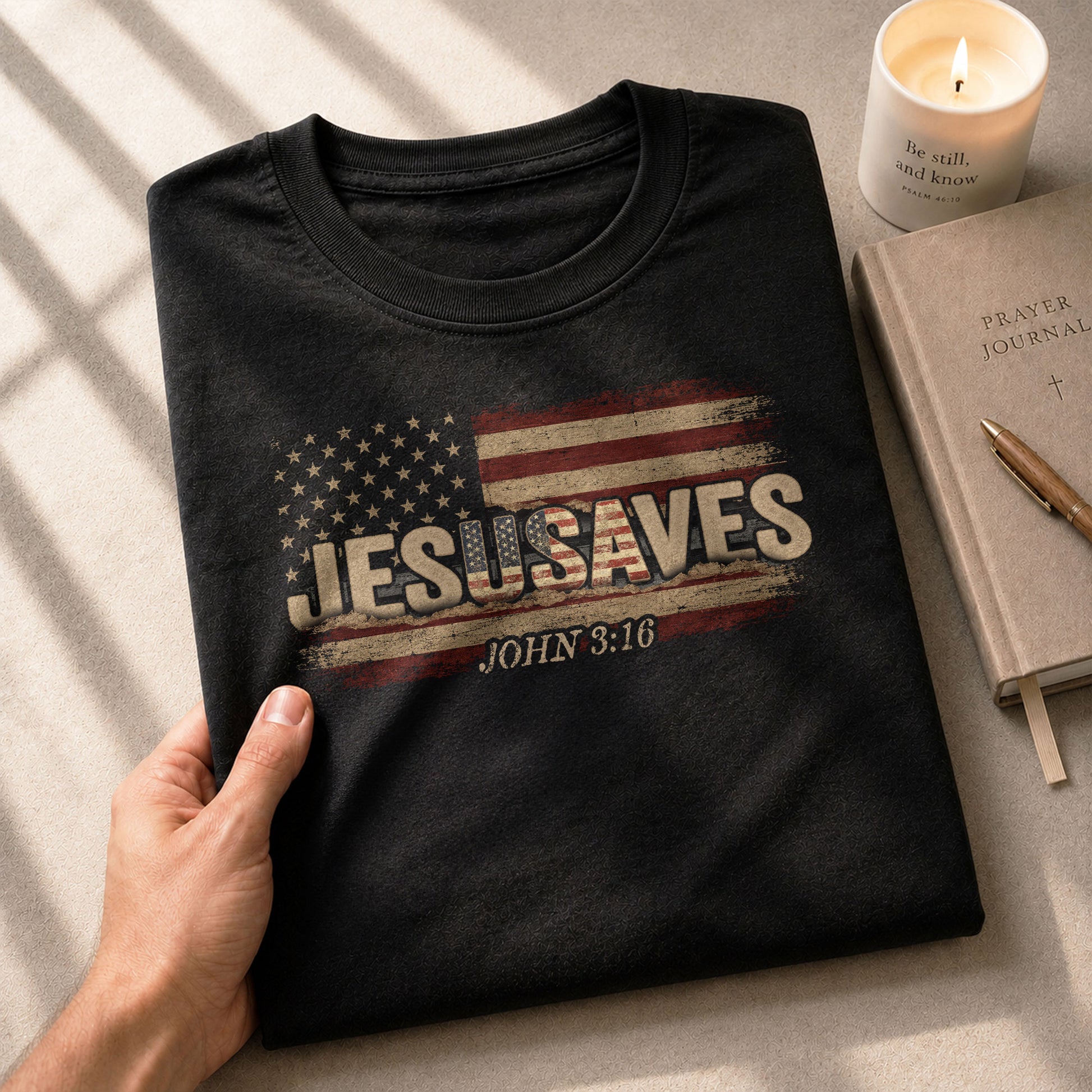JESUSAVES T-Shirt John 3:16 Patriotic American Flag Distressed Christian Faith Tee - Rust Field Wear