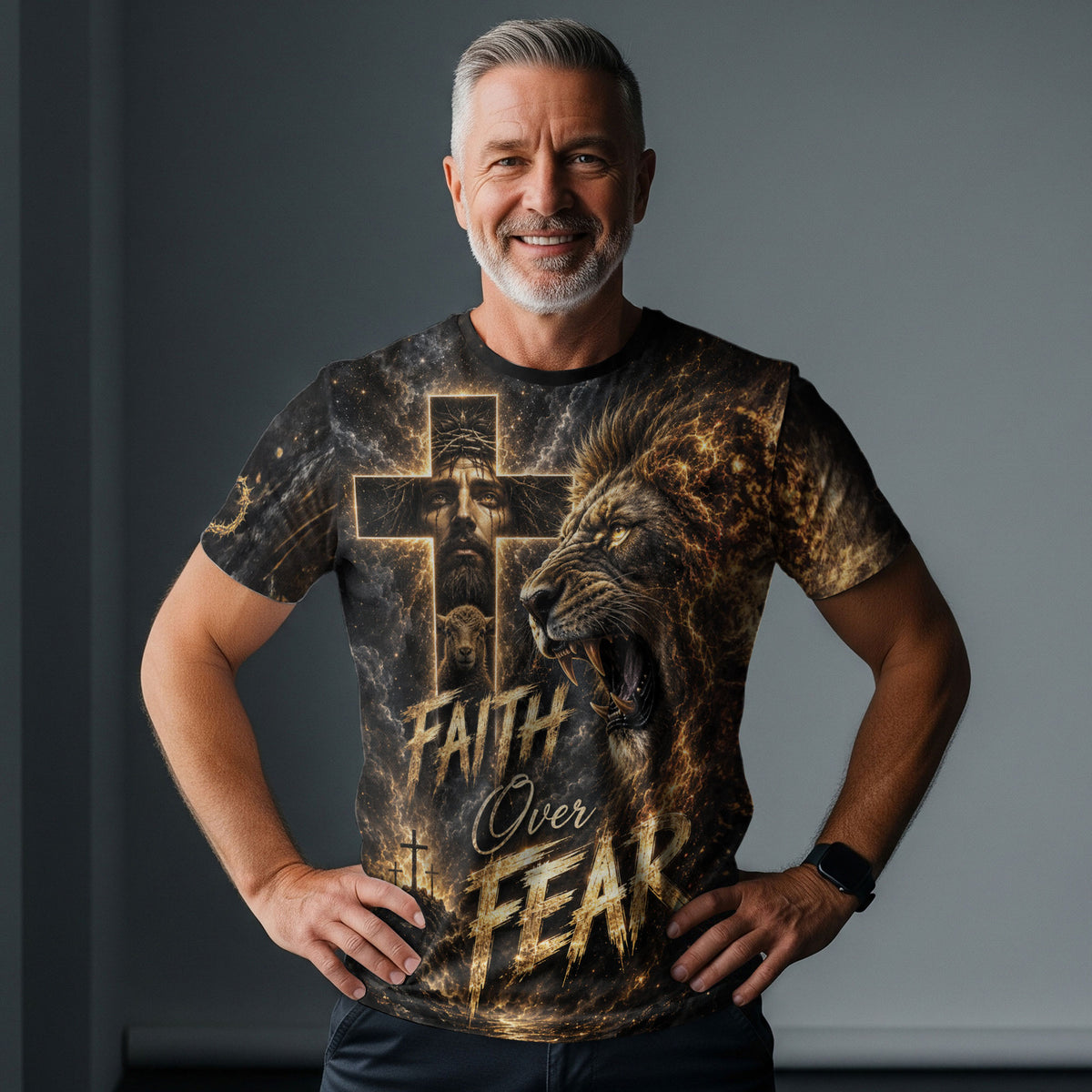 Faith Over Fear Jesus Lion Cross 3D Graphic Christian T Shirt Apparel Men Clothing - Rust Field Wear
