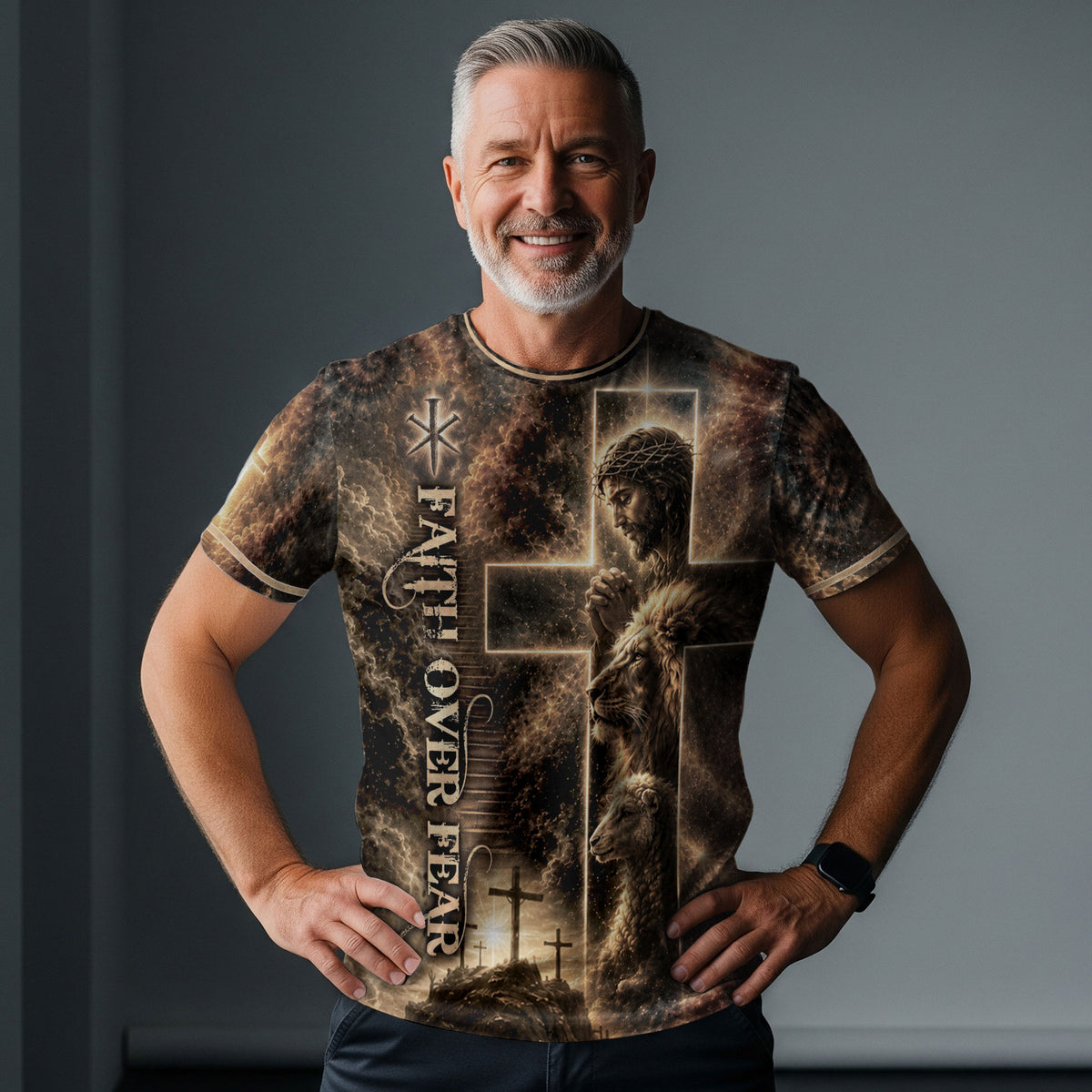 Jesus Lion Cross Faith Over Fear 3D Graphic Christian T Shirt Apparel Men Clothing - Rust Field Wear