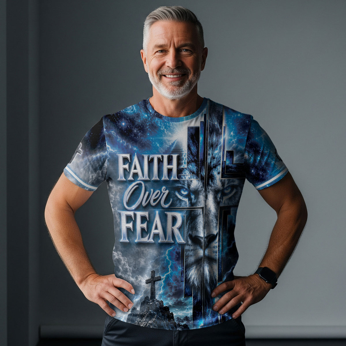 Faith Over Fear Lightning Lion Cross 3D Graphic Christian T Shirt Apparel Men Clothing - Rust Field Wear