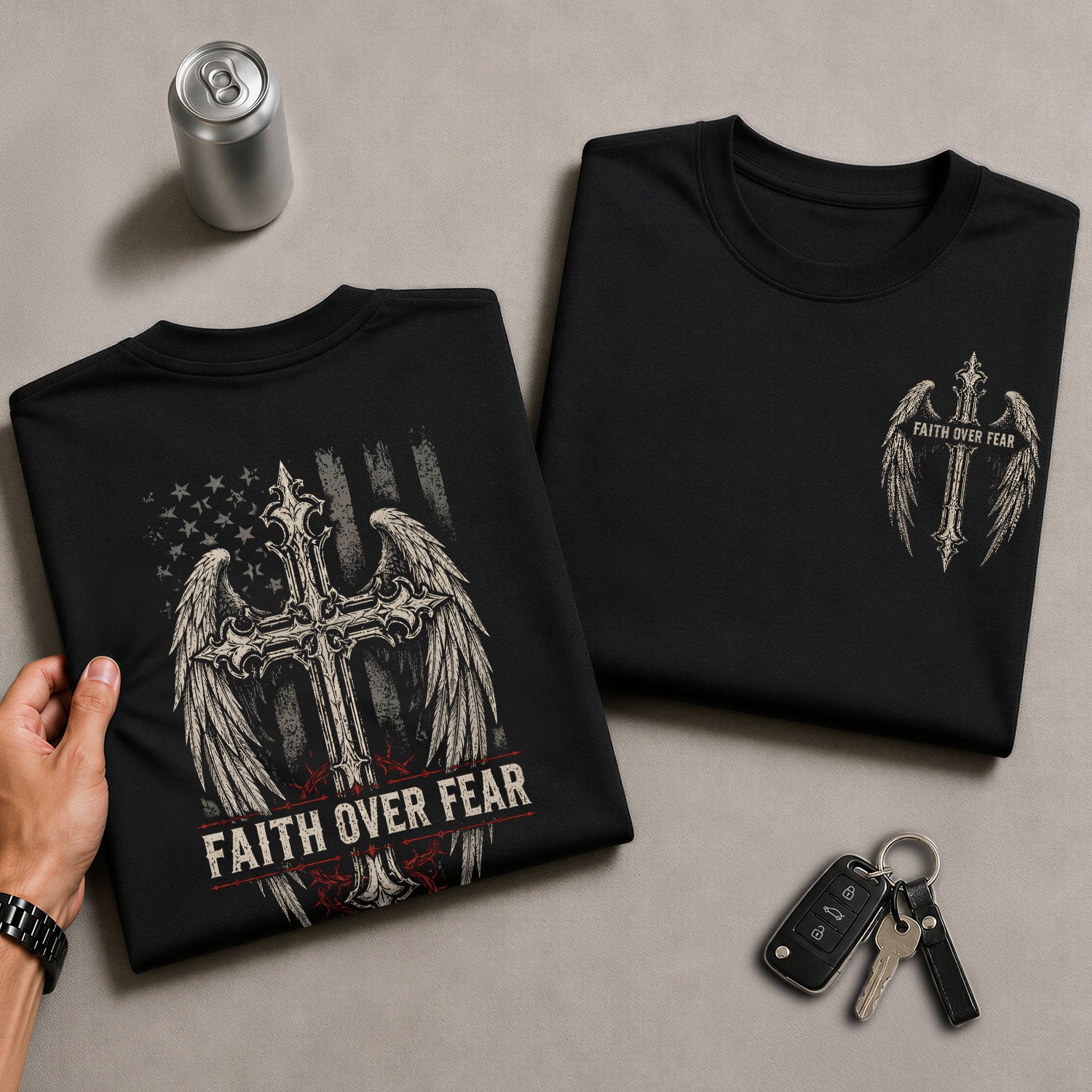 Faith Over Fear Shirt Men Wings Cross Christian T-Shirt Thorns Crown Religious Faith Tee