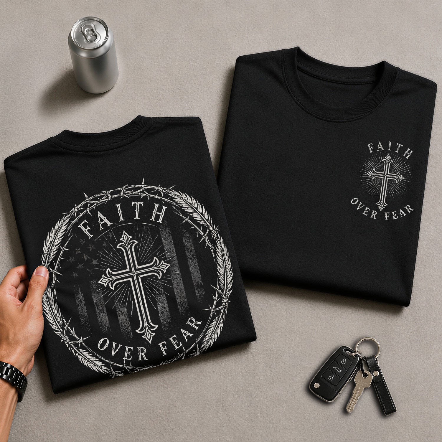 Faith Over Fear Shirt Men Christian T-Shirt Crown Thorns Cross Flag Graphic Religious Tee