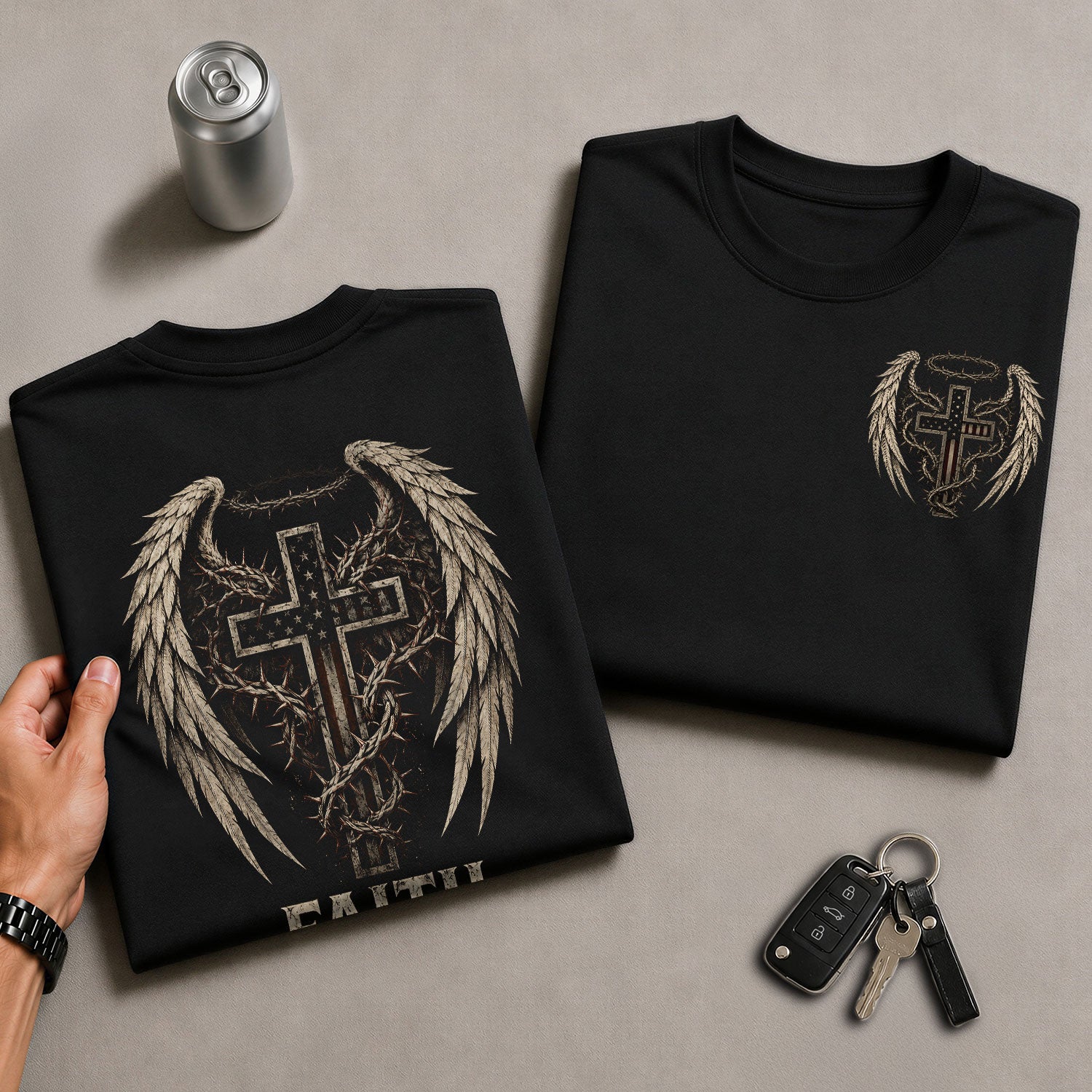Faith Over Fear Shirt Men Christian T-Shirt Angel Wings Cross Thorns Religious Graphic Tee