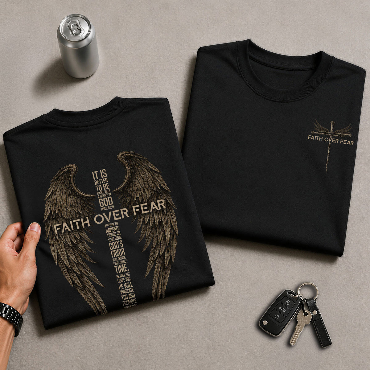 Faith Over Fear Christian Shirt Angel Wings Nail Cross T-Shirt Religious Graphic Tee - Rust Field Wear