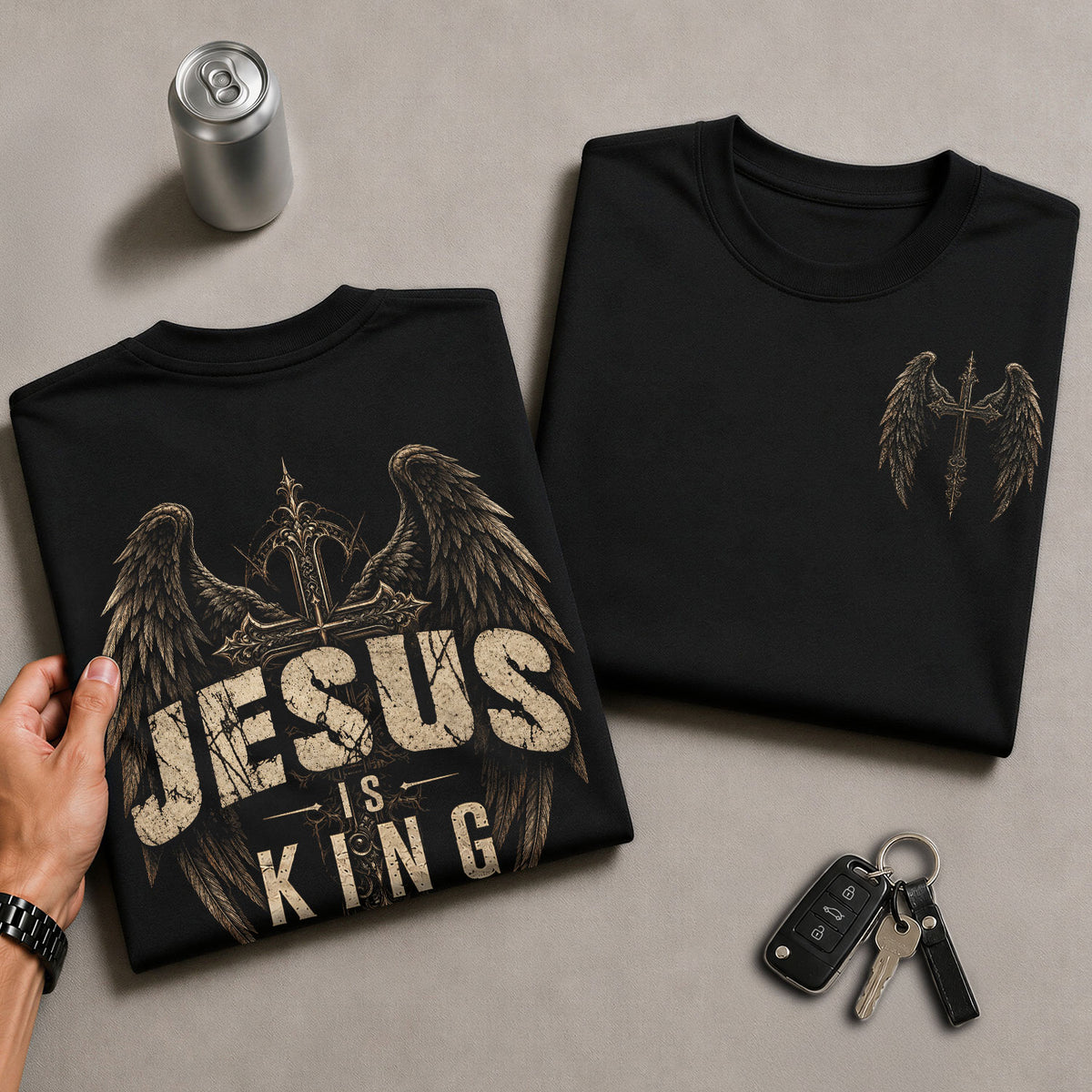 Jesus Is King T Shirt Christian Angel Wings Cross Religious Apparel Tee Top Unisex - Rust Field Wear