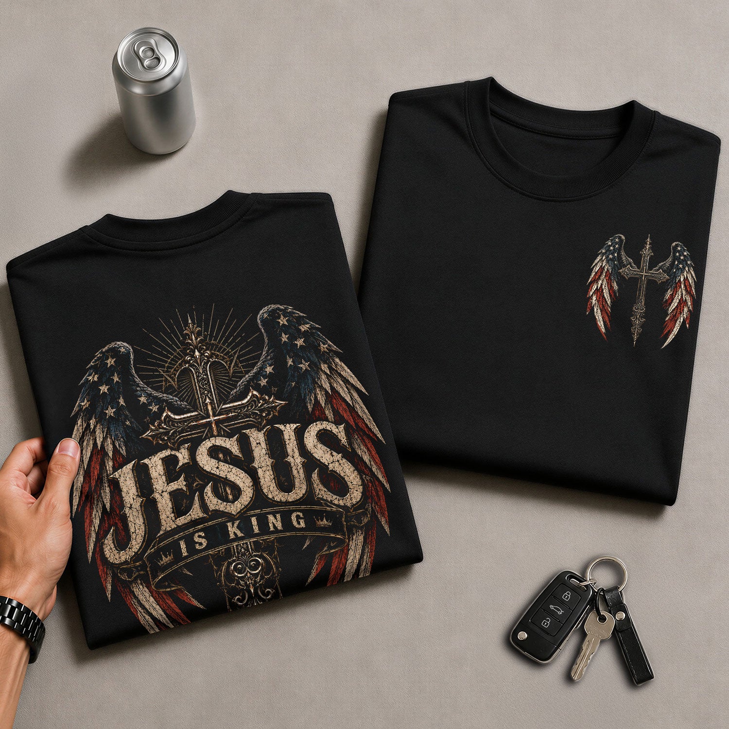 Jesus Is King T Shirt American Flag Cross Angel Wings Religious Apparel Tee Top Unisex - Rust Field Wear