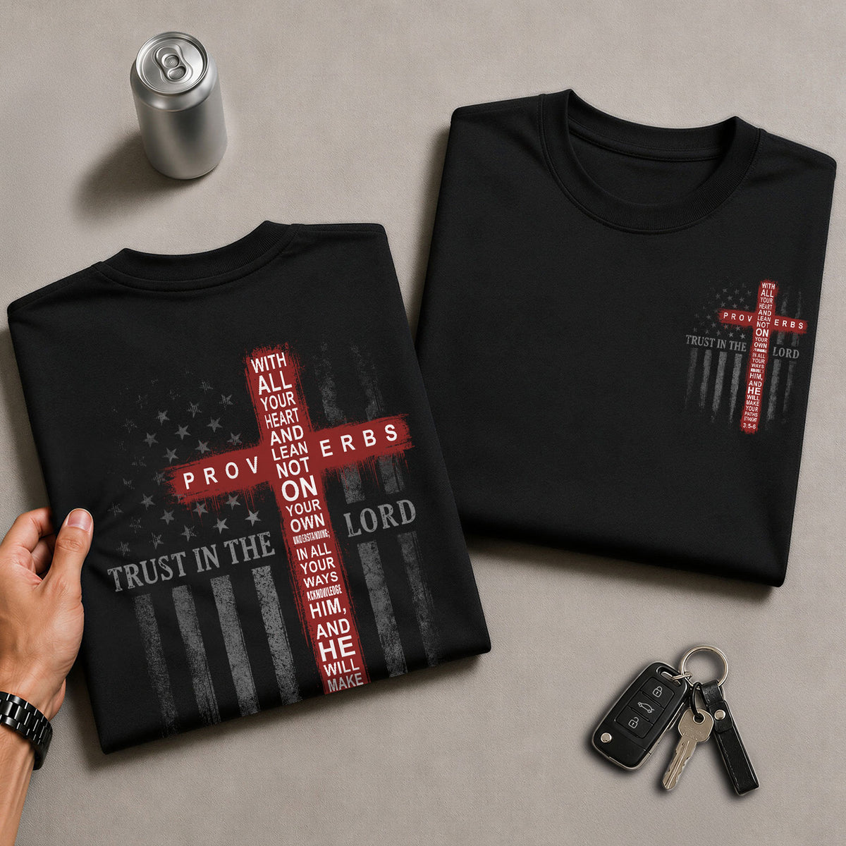 Trust In The Lord Christian T-Shirt Patriotic American Flag Cross Graphic Tee Proverbs - Rust Field Wear