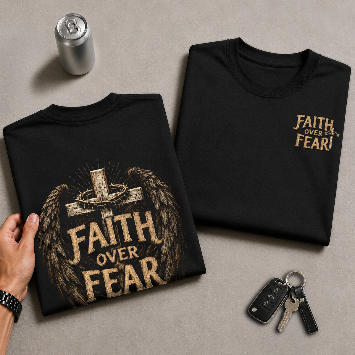 Faith Over Fear Cross Wings Crown Christian Graphic T-Shirt Unisex Casual Apparel - Rust Field Wear