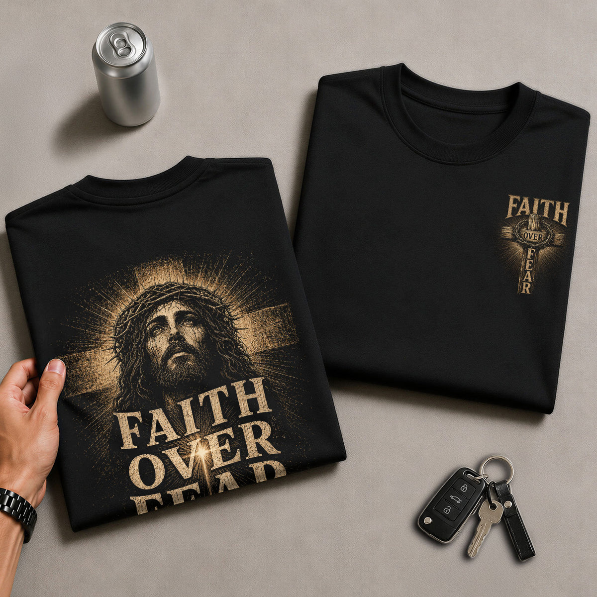 Inspirational Christian T-Shirt Faith Over Fear Jesus Portrait Casual Cotton Top - Rust Field Wear