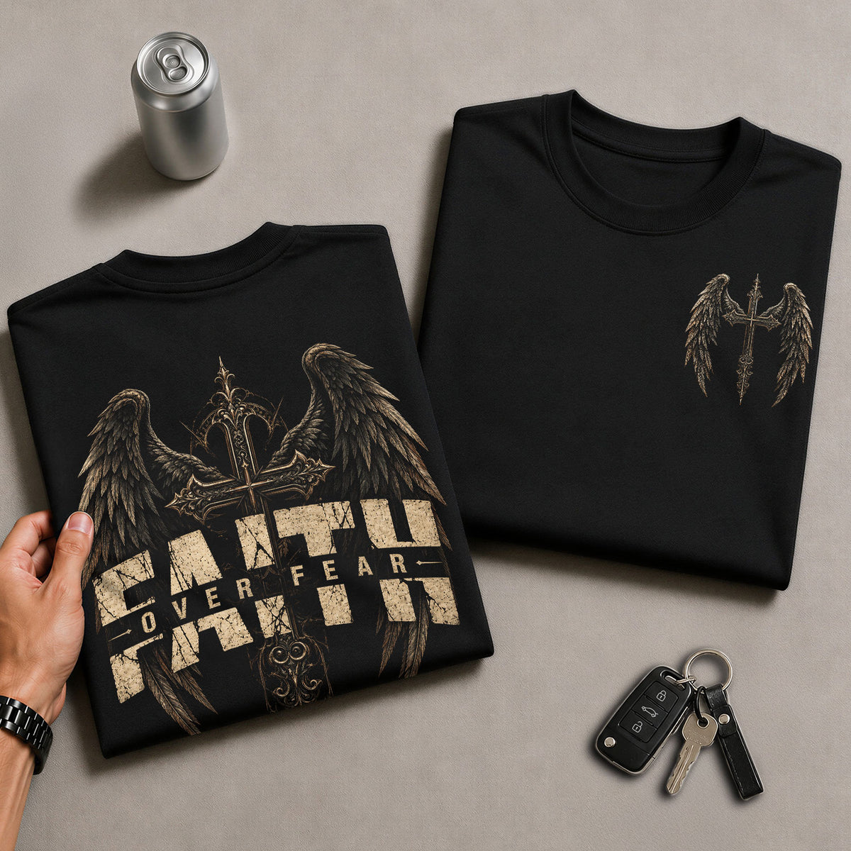 Faith Over Fear T Shirt Christian Angel Wings Cross Religious Apparel Tee Top Unisex - Rust Field Wear