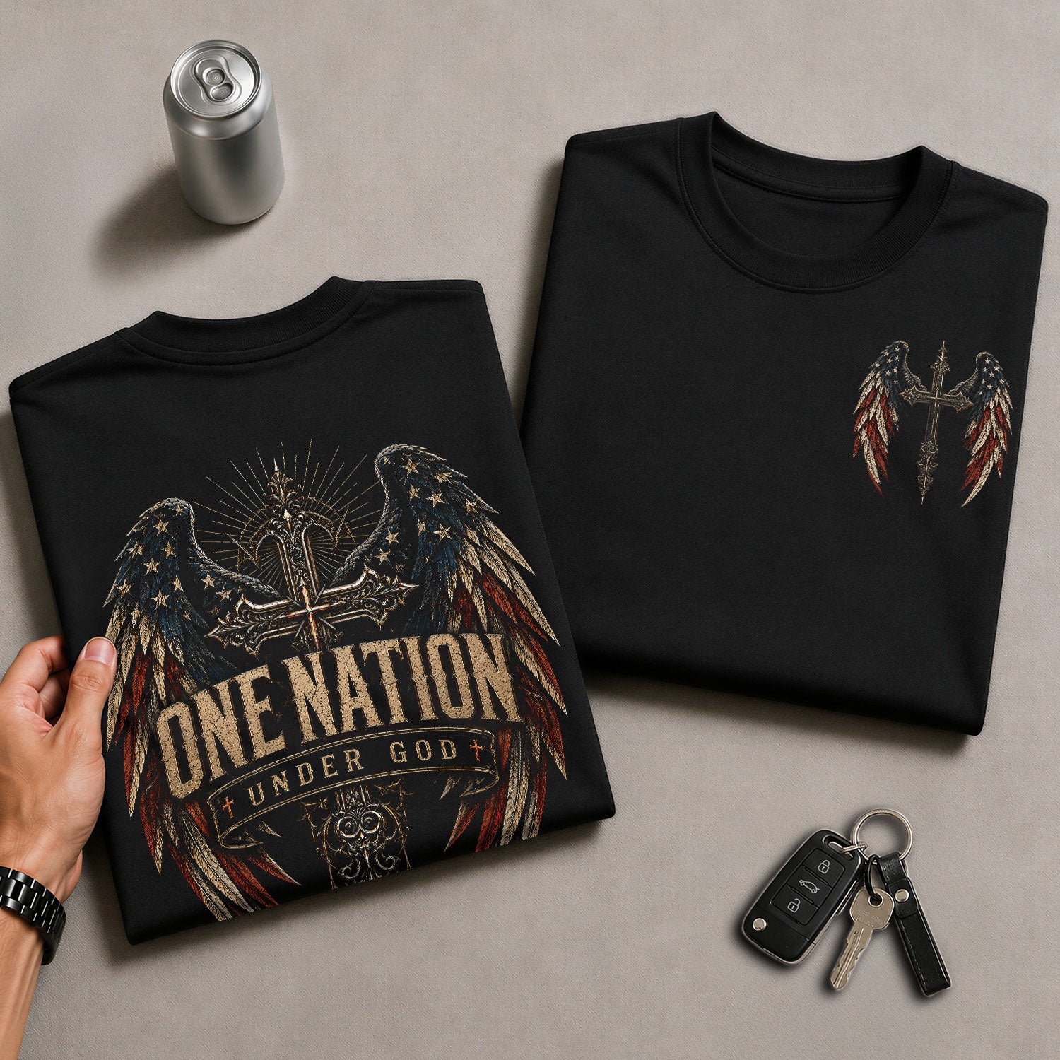 One Nation Under God T Shirt American Flag Wings Cross Religious Apparel Tee Top upsale