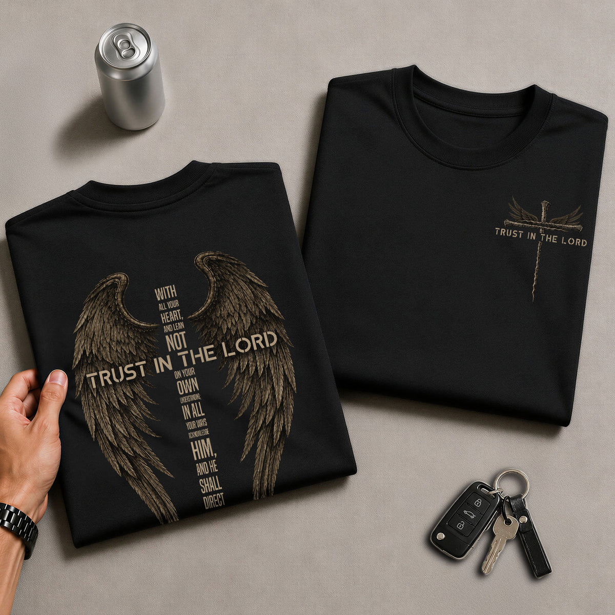 Trust In The Lord Shirt Faith Christian Cross Angel Wings Proverbs 3 5 6 Graphic Tee - Rust Field Wear