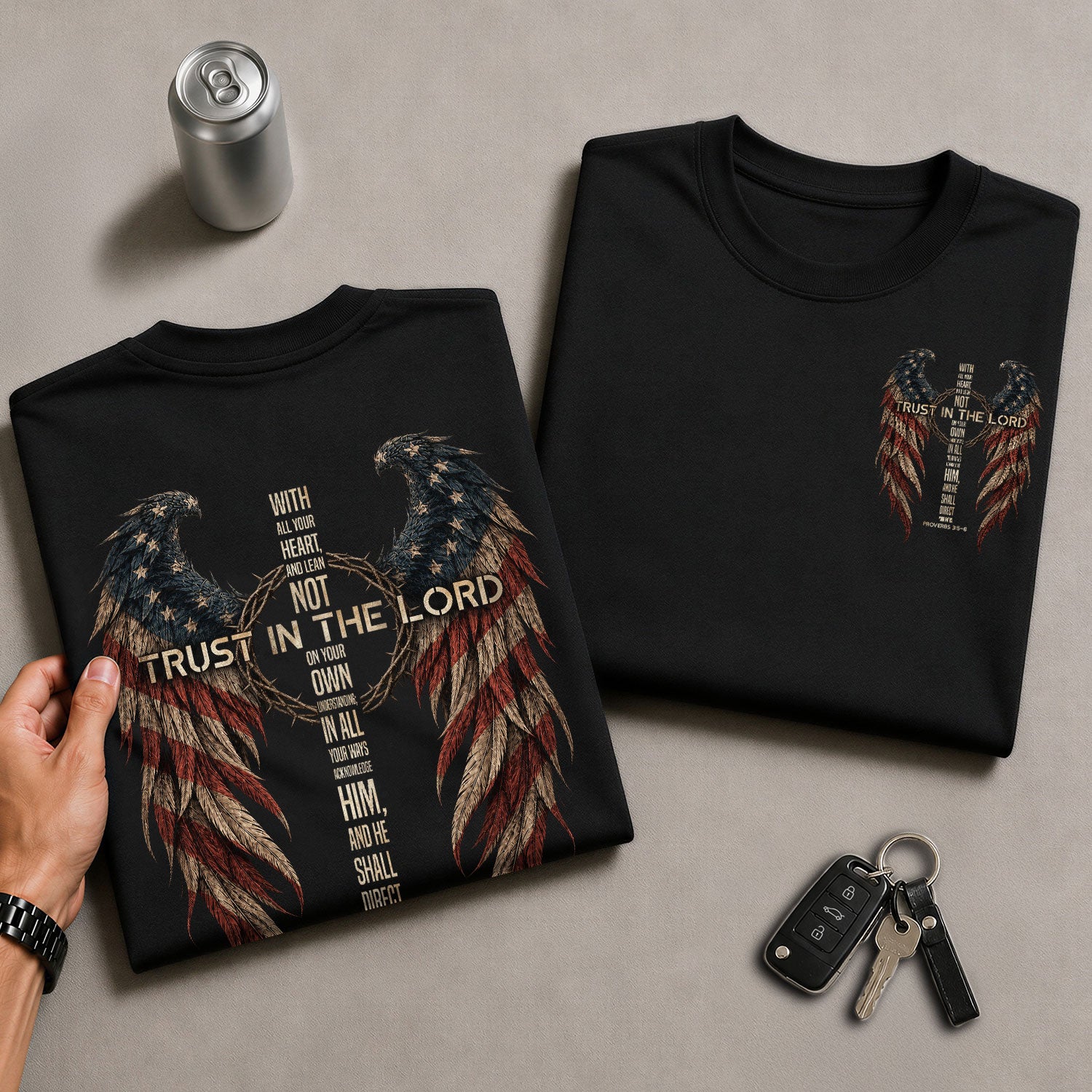 Trust In The Lord Shirt Faith Christian Cross US Flag Wings Proverbs 3 5 6 Graphic Tee - Rust Field Wear
