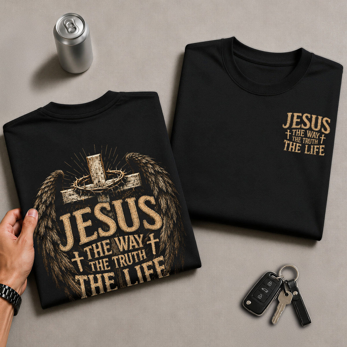 Jesus The Way The Truth The Life Cross Wings Crown Of Thorns Christian T Shirt Men - Rust Field Wear