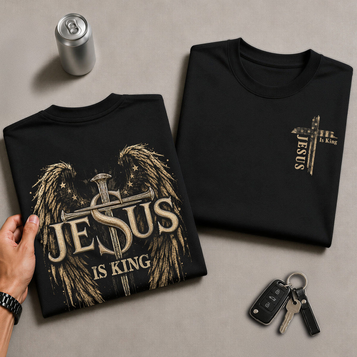 Jesus Is King Angel Wings Cross Graphic Christian T Shirt Apparel Men Clothing Top - Rust Field Wear
