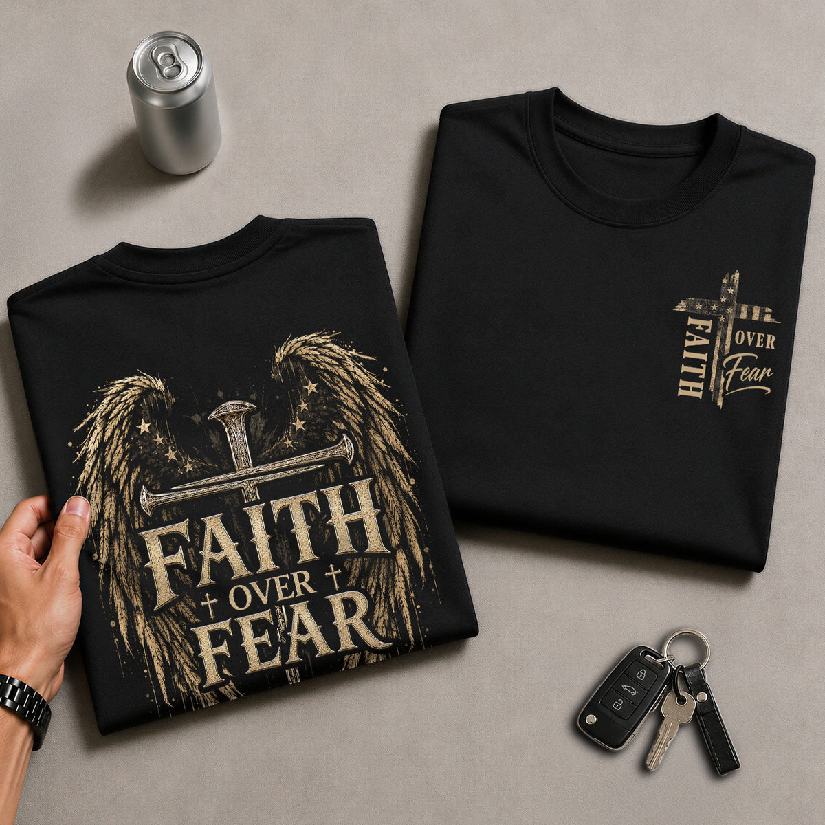 Faith Over Fear Angel Wings Cross Graphic Christian Tee Shirt Apparel Men Clothing - Rust Field Wear