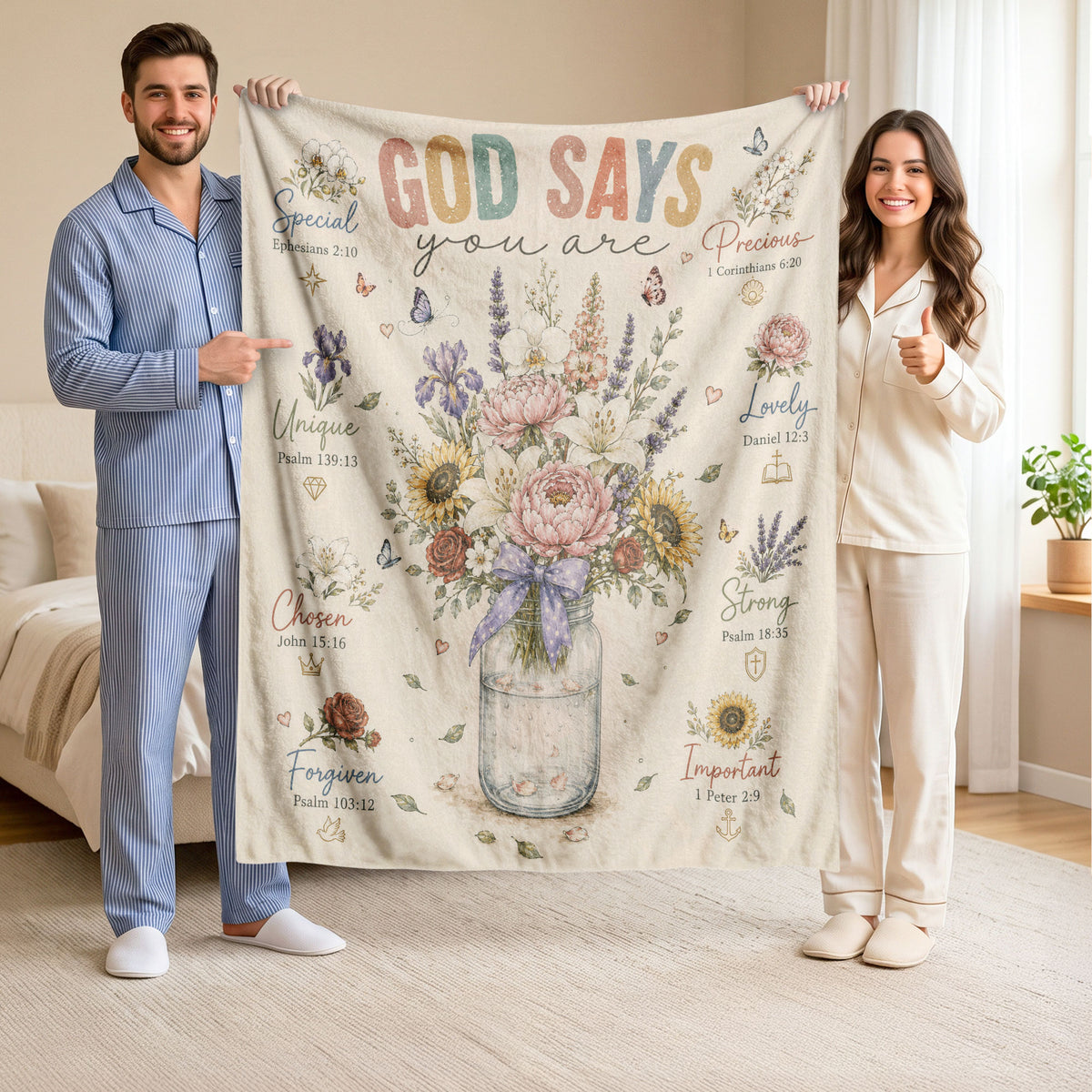Christian Blanket for Women, Bible Verse Throw Blanket - Floral Butterfly Faith Design - Rust Field Wear