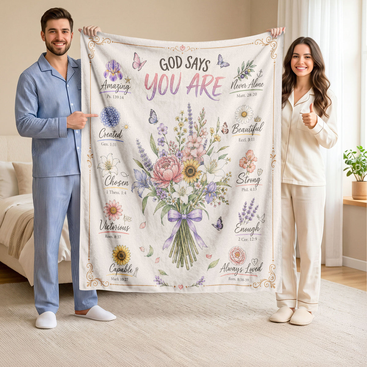 Christian Blanket for Women, Bible Verse Throw Blanket - Pink Butterfly Scripture Design - Rust Field Wear