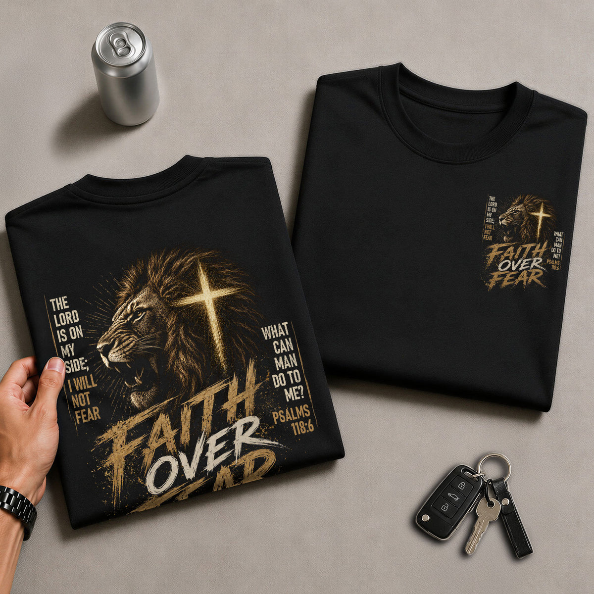 Faith Over Fear T-Shirt Lion Of Judah Christian Cross Psalms 118 6 Faith Graphic Tee - Rust Field Wear