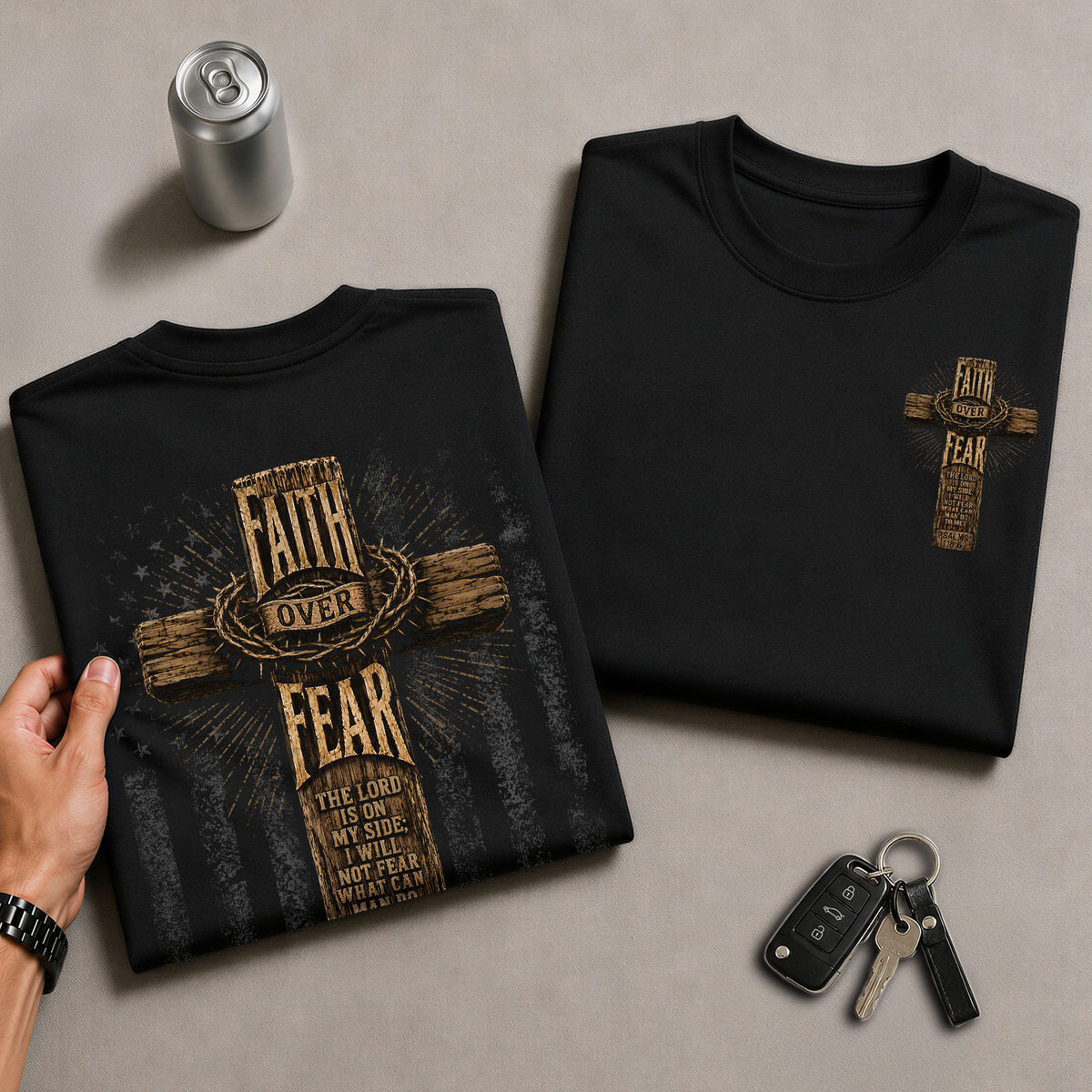 Christian Shirts for Men - Faith Over Fear Rustic Wooden Cross Crown Of Thorns Scripture Psalms 118 6, Christian Tee Shirts, RustField Co - Rust Field Wear