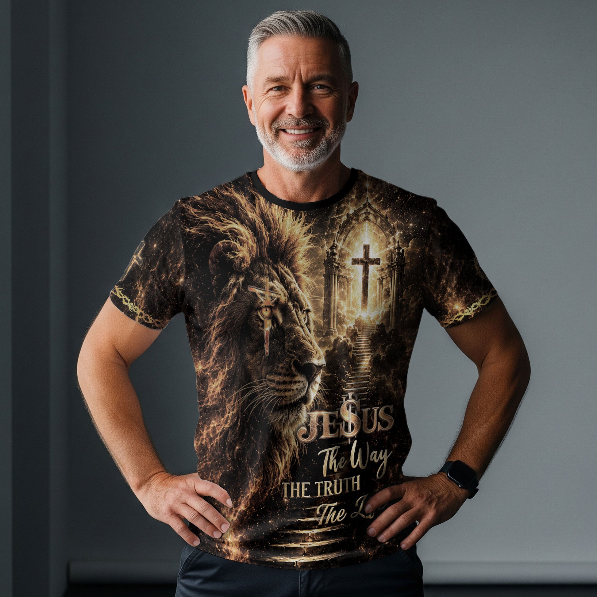 Jesus The Way The Truth The Life Lion Cross Christian Religious Tops, Christian Shirts for Men - Christian Tee Shirts - Rust Field Wear