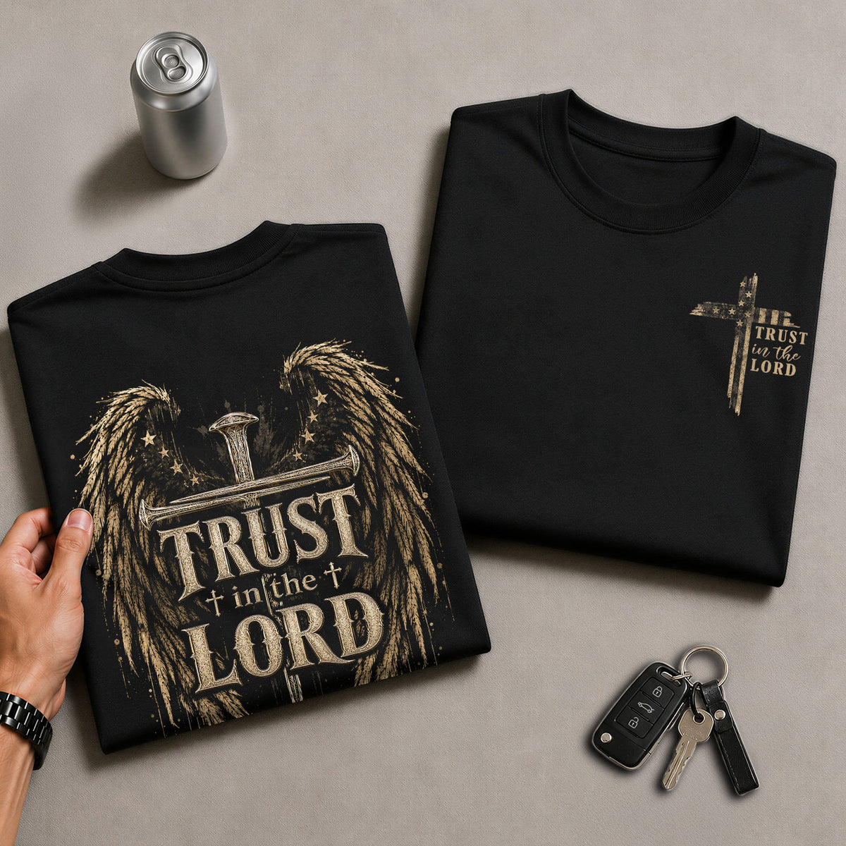 Trust In The Lord Angel Wings Cross Graphic Christian T Shirt Apparel Men Clothing - Rust Field Wear