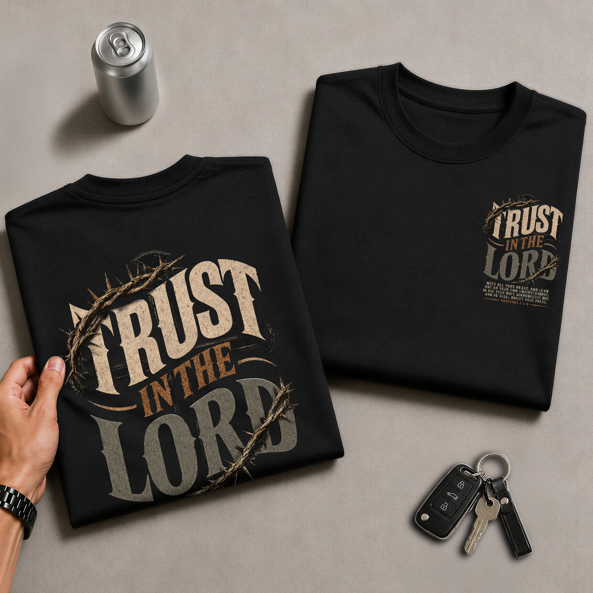 Trust In The Lord T Shirt Christian Proverbs 3 5 6 Cross Crown Of Thorns Religious Tee - Rust Field Wear