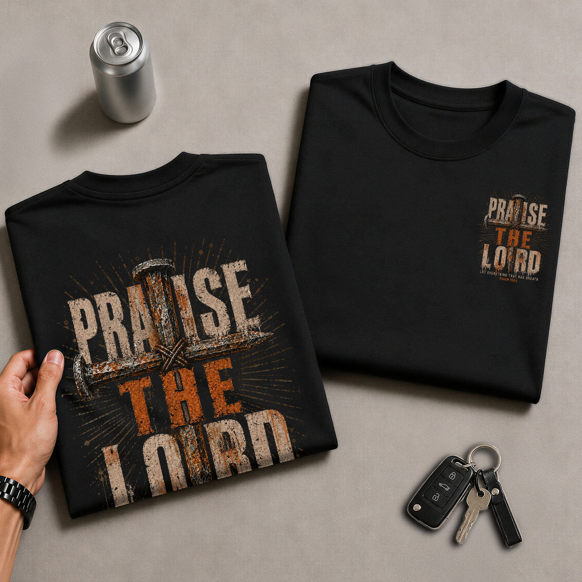 Praise The Lord Shirt Rustic Cross Christian Faith Quote Psalm 150 6 Men Graphic Tee - Rust Field Wear
