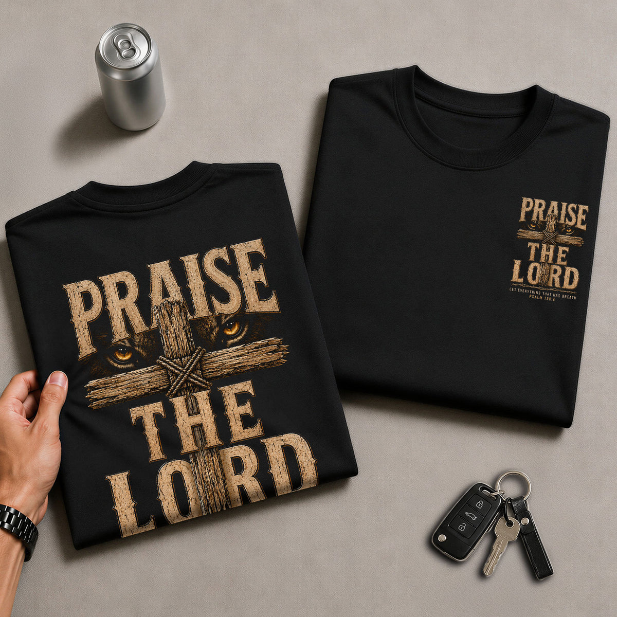 Praise The Lord Shirt Lion Of Judah Wooden Cross Christian Psalm 150 6 Faith Graphic Tee - Rust Field Wear