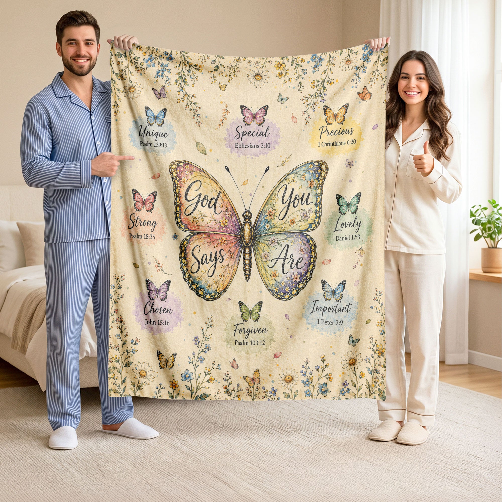 God Says You Are Butterfly Blanket with Bible Verses and Christian Floral Artwork upsale - Rust Field Wear