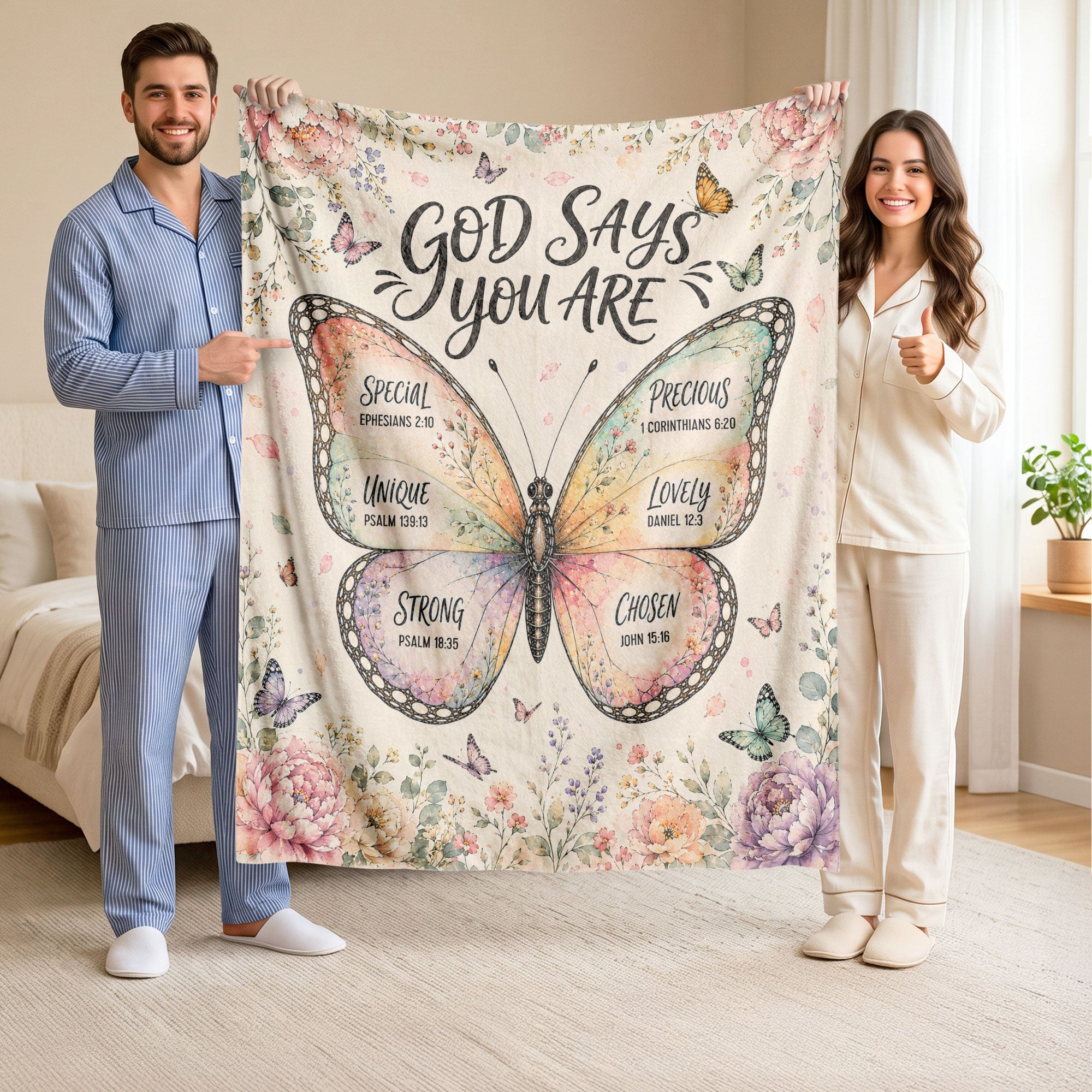 God Says You Are Butterfly Blanket with Bible Verses Christian Floral Faith Inspiration upsale
