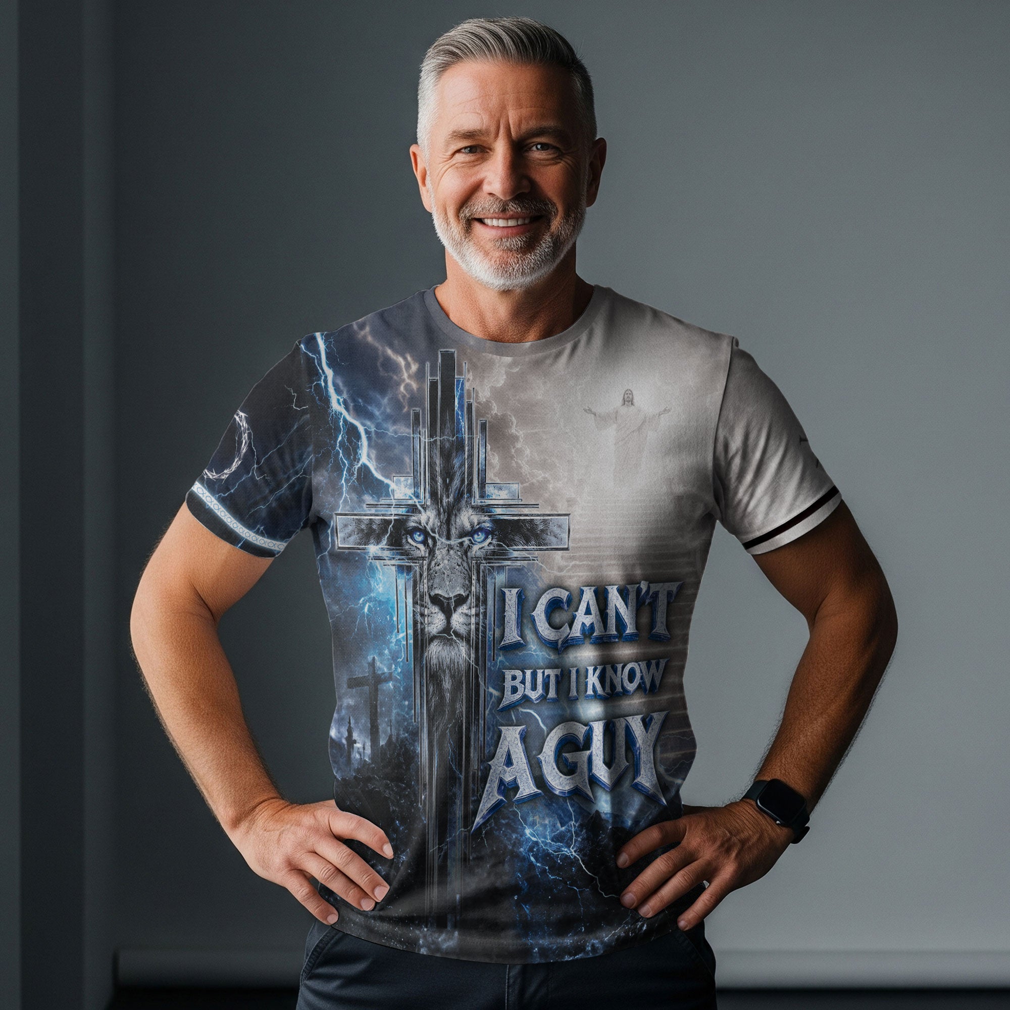 Christian Blue Lightning Lion Cross 3D Men Shirt I Can't But I Know A Guy Jesus Print Tee