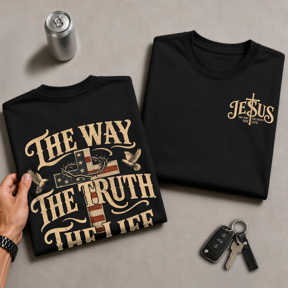 The Way The Truth The Life John American Flag Cross Crown Of Thorns Graphic T Shirt Men - Rust Field Wear