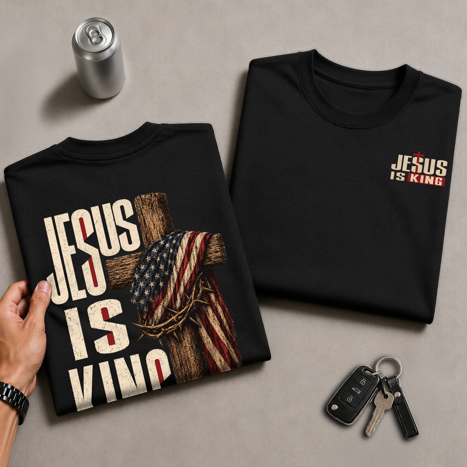 Jesus Is King Shirt Patriotic Christian Men Shirt Wooden Cross American Flag Crown Of Thorns - Rust Field Wear