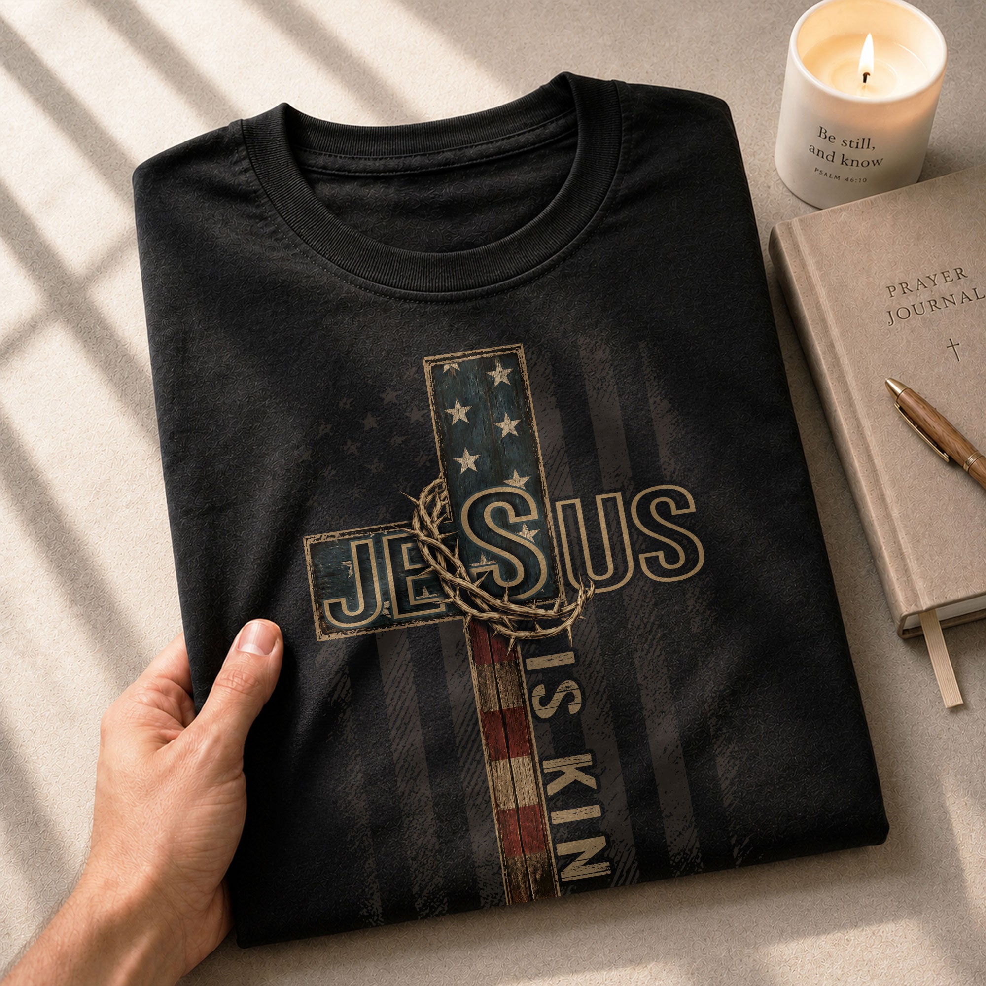 Jesus Is King Shirt Patriotic Christian Men Shirt American Flag Cross Crown Of Thorns Tee - Rust Field Wear